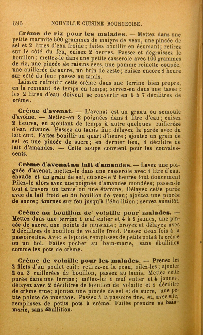 Crème de riz pour les malades. — Mettez dans une petite marmite 500 grammes de maigre de veau, une pincée de sel et 2 litres d’eau froide; faites bouillir en écumant; retirez sur le côté du feu, cuisez 2 heures. Passez et dégraissez le bouillon; mettez-le dans une petite casserole avec 100grammes de riz, une pincée de raisins secs, une pomme reinette coupée, une cuillerée de sucre, un brin de zeste ; cuisez encore 1 heure sur côté du feu; passez au tamis. Laissez refroidir cette crème dans une terrine bien propre, en la remuant de temps en temps; servez-en dans une tasse : les 2 litres d’eau doivent se convertir en G à 7 décilitres de crème. Crème d’avenat. — L’avenat est un gruau ou semoule d’avoine. — Mettez-en 2 poignées dans 1 litre d’eau ; cuisez 2 heures, en ajoutant de temps à autre quelques cuillerées d’eau chaude. Passez au tamis fin ; délayez la purée avec du lait cuit. Faites bouillir un quart d’heure ; ajoutez un grain de sel et une pincée de sucre ; en dernier lieu, 1 décuitre de lait d’amandes. — Cette soupe convient pour les convales- cents. Crème d’avenat au lait d’stmandes. — Lavez une poi- gnée d’avenat, mettez-le dans une casserole avec 1 litre d’eau. { chaude et un grain de sel, cuisez-le 2 heures tout doucement j Pilez-le alors avec une poignée d’amandes mondées; passez-le ^ tout à travers un tamis ou une étamine. Délayez cette purée avec du lait froid ou du bouillon de veau; ajoutez une pincée [ de sucre; tournez sur feu jusqu’à l’ébullition; servez aussitôt. Crème au bouillon de' volaille pour' malades. — Mettez dans une terrine 1 œuf entier et 4 à 5 jaunes, une pin- cée de sucre, une pointe de muscade ; broyez et délayez avec 2 décilitres de bouillon de volaille froid. Passez deux fois à la passoire fine. Avec le liquide, remplissez de petits pots à la crème ou un bol. Faites pocher au bain-marie, sans ébullition comme les pots de crème. Crème de volaille pour les malades. — Prenez les 2 filets d’un poulet cuit; retirez-en la peau, pilez-les; ajoutez 2 ou 3 cuillerées do bouillon, passez au tamis. Mettez cette purée dans une terrine; mêlez-îui i œuf entier et 4 jaunes: délayez avec 2 décilitres de bouillon de volaille et 1 décilitre de crème crue; ajoutez une pincée de sel et de sucre, une pe- tite pointe de muscade. Passez à la passoire fine, et, avec elle, remplissez de petits pots à crème. Faitès prendre au b»in- mane, sans ébullition.