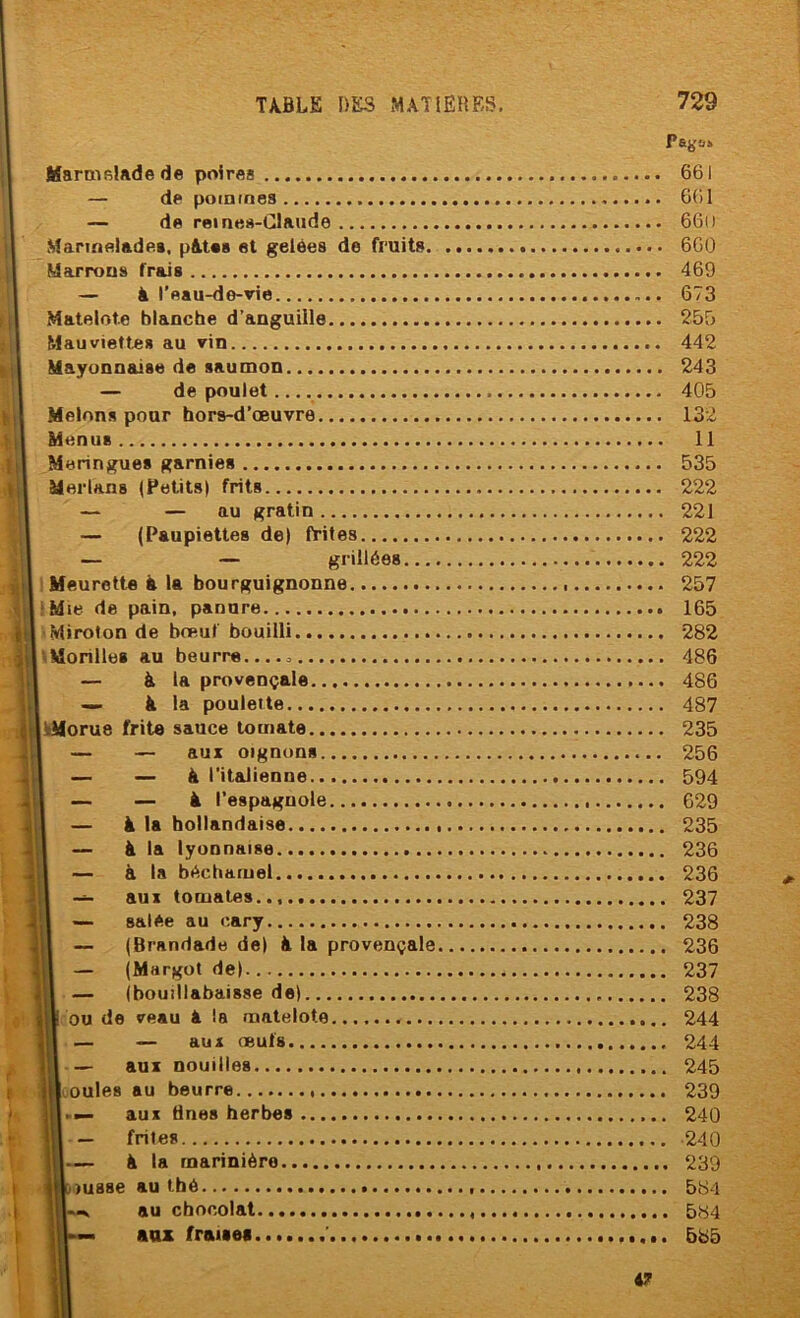 Pags» MarmeiAde de poires 661 — de pommes 661 — de reines-Claude 66u Mannelades, p&tes et gelées de fruits 660 Marrons frais 469 — à l’eau-de-vie 673 Matelote blanche d’anguille 259 Mauviette» au vin 442 Mayonnaise de saumon 243 — de poulet.... 405 Melons pour hors-d’œuvre 132 Menus 11 Meringues garnies 535 Merlans (Petits) frits 222 — — au gratin 221 — (Paupiettes de) frites 222 — — grillées 222 ' Heurette à la bourguignonne 257 ■Mie de pain, panure 165 Miroton de bœuf bouilli 282 ilioniles au beurre 486 — A la provençale 486 — à la poulette 487 liMorue frite sauce tomate 235 — — aux oignons 256 — — à l’italienne 594 — — à l’espagnole 629 — à la bollandaise 235 — à la lyonnaise 236 — à la béchamel 236 — aux tomates..,.. 237 — salée au cary 238 — (Brandade de) à la provençale 236 — (Margot de) 237 — (bouillabaisse de) 238 ou de veau à la matelote 244 — — aux oeufs 244 — aux nouilles 245 loules au beurre 239 ^ aux Unes herbes 240 — frites 240 — A la marinière 239 lusse au thé 5^4 au chocolat 584 aux fraises....... 585 47