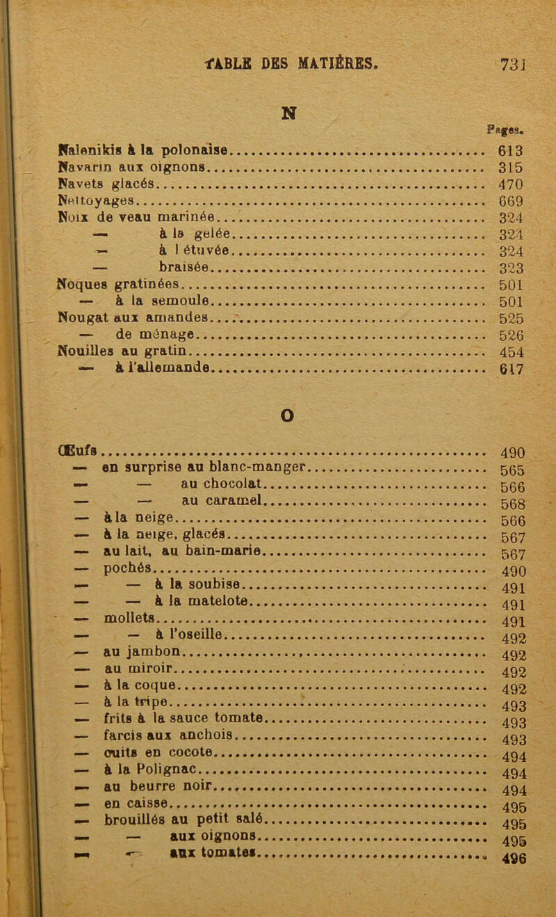 N Pafes, MalAnikis à la polonaise 613 Navarin aux oignons 315 Navets glacés 470 Nettoyages 669 Noix de veau marinée 324 — à la gelée 324 ■— à 1 étuvée 324 — braisée 323 Noques gratinées 501 — à la semoule 501 Nougat aux amandes • 525 — de ménage 526 Nouilles au gratin 454 — à l’allemande 617 O CEufs 490 -- en surprise au blanc-manger 555 — — au chocolat 500 — — au caramel 508 — à la neige 500 — A la neige, glacés 507 — au lait, au bain-marie 507 — pochés 490 — — à la soubise 49I — — à la matelote 491 — mollets 491 — — à l’oseille 492 — au jambon 492 — au miroir 492 — à la coque 492 — A la tripe 493 —- frits à la sauce tomate 493 — farcis aux anchois 493 — ouits en cocote 494 — à la Polignac 494 _ au beurre noir 494 — en caisse 495 — brouillés au petit salé 4^g — — aux oignons 49g M anx tomates