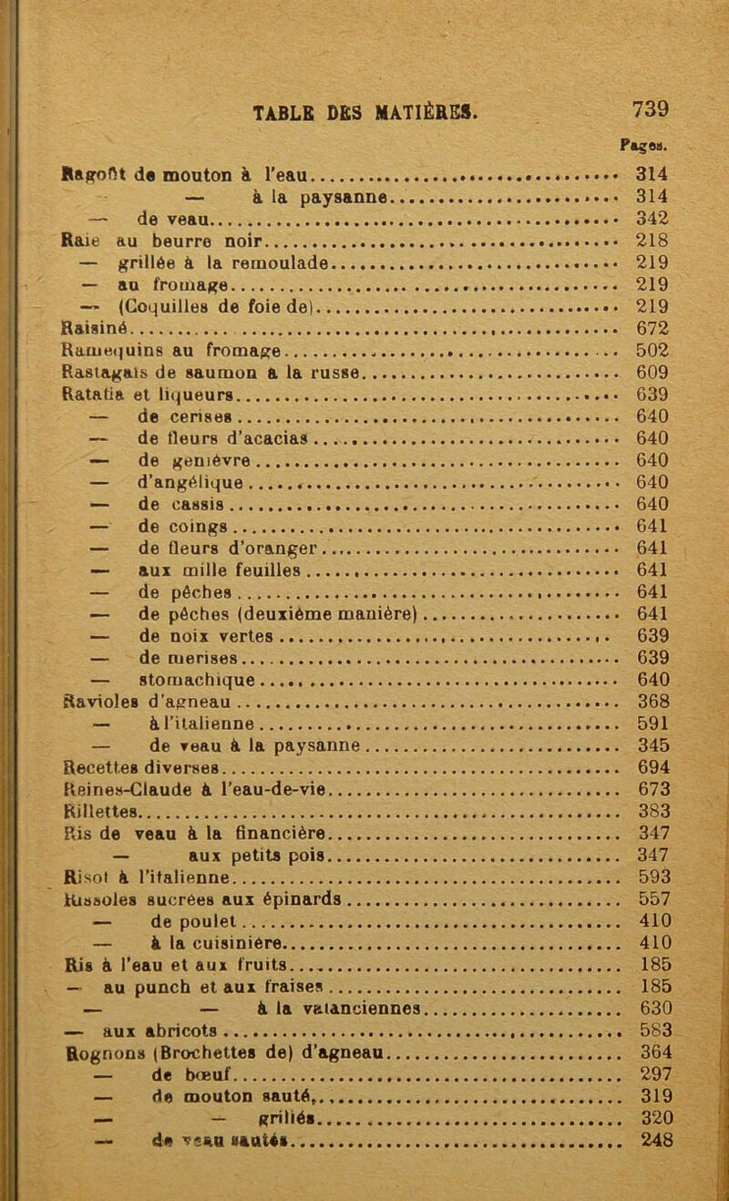 Page». de mouton à l’eau 314 — à la paysanne 314 — de veau 342 Raie au beurre noir 218 — grillée à la rémoulade 219 — au fromage 219 (Coquilles de foie de) 219 Raisiné 672 Rame(|uins au fromage - 502 Rastagais de saumon a la russe 609 Ratafia et liqueurs 639 — de cerises 640 — de fleurs d’acacias 640 •— de genièvre 640 — d’angélique « 640 -- de cassis 640 — de coings 641 — de fleurs d’oranger 641 — aux mille feuilles 641 — de pèches 641 — de pèches (deuxième manière) 641 — de noix vertes 639 — de merises 639 — stomachique 640 Savioles d’agneau 368 — àl’Ualienne 591 — de veau A la paysanne 345 Recettes diverses 694 Reines-Claude A l’eau-de-vie 673 Rillettes 383 Ris de veau A la 6nancière 347 — aux petits pois 347 Risol A rifalienne 593 Rissoles sucrées aux épinards 557 — de poulet 410 — A la cuisinière 410 Ris A l’eau et aux fruits 185 — au punch et aux fraises 185 — — A la vRianciennes 630 — aux abricots 583 Rognons (Brochettes de) d’agneau 364 — de boeuf 297 — de mouton sauté, 319 — — grillés 320 — de V5HU sauWs 248