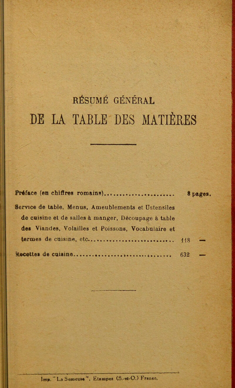 RÉSUMÉ GÉNÉRAL DE IA TABLE DES MATIÈDES Préface (en chiffres romains).., 8pages. Service de table, Menus, Ameublements et Ustensiles de caisine et de salles à manger. Découpage A table des Viandes, Volailles et Poissons, Vocabulaire et termes de cuisine, etc 118 _ Recettes de cuisina 632 — tme. “ L» Soweu**. ËUmpci (S.-et-O.) Fr«n*o.