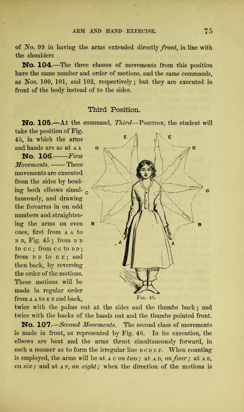 of ~No. 99 in having the arms extended directly front, in line with the shoulders No. 104.—The three classes of movements from this position have the same number and order of motions, and the same commands, as Nos. 100, 101, and 102, respectively; but they are executed in front of the body instead of to the sides. Third Position. Third—Position, the student will E /H \K No. 105.—At the command, take the position of Fig. 45, in which the arms and hands are as at a a d No. 106. First Movements. These movements are executed from the sides by bend- ing both elbows simul- * taneously, and drawing the forearms in on odd numbers and straighten- ing the arms on even b ones, first from a a to b b, Fig. 45 ; from b b to c c ; from cc to dd; from d d to e e ; and then back, by reversing the order of the motions. These motions will be made in regular order from a a to e e and back, twice with the palms out at the sides and the thumbs back; and twice with the backs of the hands out and the thumbs pointed front. Fia. 45. No. 107.—Second Movements. The second class of movements is made in front, as represented by Fig. 46. In its execution, the elbows are bent and the arms thrust simultaneously forward, in such a manner as to form the irregular line bcdef. When counting is employed, the arms will be at a c on two ; at a d, on four; at a e, on six; and at a f, on eight; when the direction of the motions is