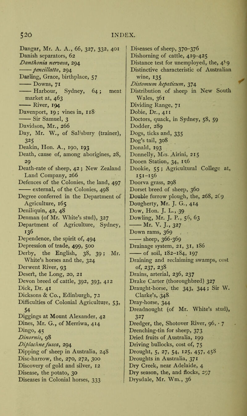 Dangar, Mr. A. A., 66, 327, 332, 401 Danish separators, 62 Danthonia nervosa^ 294 pencillatta^ 294 Darling, Grace, birthplace, 57 Downs, 71 Harbour, Sydney, 64; meat market at, 463 River, 194 Davenport, 19; vines in, 118 Sir Samuel, 3 Davidson, Mr., 266 Day, Mr. W., of Sabsbury (trainer), 325 Deakin, Hon. A., 190, 193 Death, cause of, among aborigines, 28, 29 Death-rate of sheep, 42 ; New Zealand Land Company, 266 Defences of the Colonies, the land, 497 external, of the Colonies, 498 Degree conferred in the Department of Agriculture, 165 Deniliquin, 42, 48 Denman (of Mr. White’s stud), 327 Department of Agriculture, Sydney, 136 Dependence, the spirit of, 494 Depression of trade, 499, 500 Derby, the English, 38, 39; Mr. White’s horses and the, 324 Derwent River, 93 Desert, the Long, 20, 21 Devon breed of cattle, 392, 393, 412 Dick, Dr. 41 Dicksons & Co., Edinburgh, 72 Difficulties of Colonial Agriculture, 53, 54 Diggings at Mount Alexander, 42 Dines, Mr. G., of Merriwa, 414 Dingo, 45 Dinornis^ 98 Diplaclmefusca^ 294 Dipping of sheep in Australia, 248 Disc-harrow, the, 270, 272, 300 Discovery of gold and silver, 12 Disease, the potato, 30 Diseases in Colonial horses, 333 Diseases of sheep, 370-376 Dishorning of cattle, 419-425 Distance test for unemployed, the, 4^9 Distinctive characteristic of Australian wine, 135 Distonncm hepaticum, 374 Distribution of sheep in New South Wales, 361 Dividing Range, 71 Dobie, Dr., 411 Doctors, quack, in Sydney, 58, 59 Dodder, 289 Dogs, ticks and, 335 Dog’s tail, 308 Donald, 193 Donnelly, Mrs. Airini, 215 Dooen Station, 34, it;6 Dookie, 55 ; Agricultural College at, 151-156 Doorva grass, 298 Dorset breed of sheep, 360 Double furrow plough, the, 268, 2C9 Dougherty, Mr. J. G., 414 Dow, Hon. J, L.,-39 Dowling, Mr. J. P., 56, 63 Mr. V. J., 327 Down rams, 369 , - — sheep, 366-369 Drainage system, 21, 31, 186 of soil, 182-184, 197 Draining and reclaiming swamps, cost of, 237, 238 Drains, arterial, 236, 237 Drake Carter (thoroughbred) 327 Draught-horse, the 343, 344; Sir W. Clarke’s, .348 Dray-horse, 344 Dreadnought (of Mr. White’s stud), 327 Dredger, the, Shotover River, 96, • 7 Drenching-tin for sheep, 373 Dried fruits of Australia, 199 Driving bullocks, cost of, 75 Drought, 5, 27, 54, 125, 457, 458 Droughts in Australia, 371 Dry Creek, near Adelaide, 4 Dry season, the, and flocks, 297 Drysdale, Mr. Wm,, 36