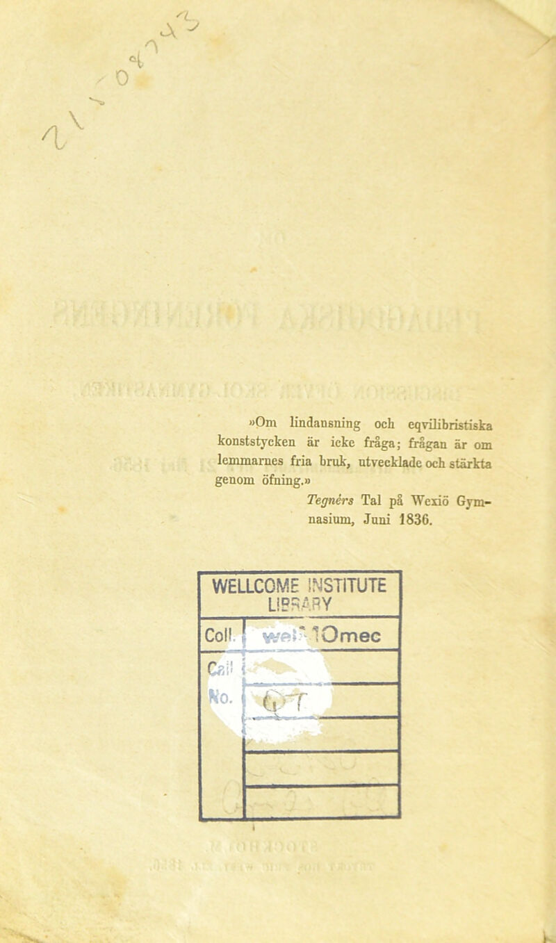 SI A ^ 0 a V »Om lindansning och eqvilibristiska konststycken är icke fråga; frågan är om lemmarnes fria bruk, utvecklade och stärkta genom öfning.» Tegnérs Tal på Wexiö Gym- nasium, Juni 1836. WELLCOME iNSTITUTE LlgRARY Col! ! lOmec k
