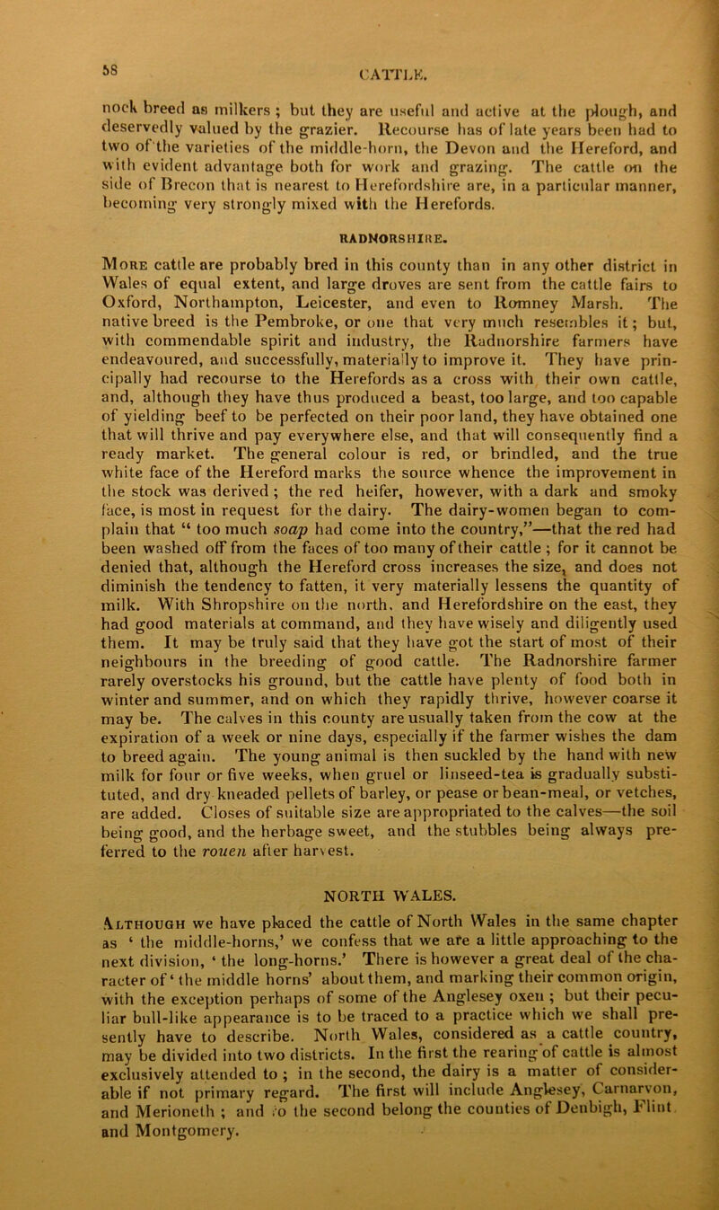 nock breed as milkers ; but they are useful and active at the plough, and deservedly valued by the grazier. Recourse has of late years been had to two of'the varieties of the middle-horn, the Devon and the Hereford, and with evident advantage both for work and grazing. The cattle cm the side of Brecon that is nearest to Herefordshire are, in a particular manner, becoming very strongly mixed with the Herefords. RADNORSHIRE. More cattle are probably bred in this county than in any other district in Wales of equal extent, and large droves are sent from the cattle fairs to Oxford, Northampton, Leicester, and even to Romney Marsh. The native breed is the Pembroke, or one that very much resembles it; but, with commendable spirit and industry, the Radnorshire farmers have endeavoured, and successfully, materially to improve it. They have prin- cipally had recourse to the Herefords as a cross with their own cattle, and, although they have thus produced a beast, too large, and too capable of yielding beef to be perfected on their poor land, they have obtained one that will thrive and pay everywhere else, and that will consequently find a ready market. The general colour is red, or brindled, and the true white face of the Hereford marks the source whence the improvement in the stock was derived ; the red heifer, however, with a dark and smoky face, is most in request for the dairy. The dairy-women began to com- plain that “ too much soap had come into the country,”—that the red had been washed off from the faces of too many of their cattle ; for it cannot be denied that, although the Hereford cross increases the size, and does not diminish the tendency to fatten, it very materially lessens the quantity of milk. With Shropshire on the north, and Herefordshire on the east, they had good materials at command, and they have wisely and diligently used them. It may be truly said that they have got the start of most of their neighbours in the breeding of good cattle. The Radnorshire farmer rarely overstocks his ground, but the cattle have plenty of food both in winter and summer, and on which they rapidly thrive, however coarse it may be. The calves in this county are usually taken from the cow at the expiration of a week or nine days, especially if the farmer wishes the dam to breed again. The young animal is then suckled by the hand with new milk for four or five weeks, when gruel or linseed-tea is gradually substi- tuted, and dry kneaded pellets of barley, or pease or bean-meal, or vetches, are added. Closes of suitable size are appropriated to the calves—the soil being good, and the herbage sweet, and the stubbles being always pre- ferred to the rouen after harvest. NORTH WALES. Although we have placed the cattle of North Wales in the same chapter as ‘ the middle-horns,’ we confess that we are a little approaching to the next division, 4 the long-horns.’ There is however a great deal of the cha- racter of4 the middle horns’ about them, and marking their common origin, with the exception perhaps of some of the Anglesey oxen ; but their pecu- liar bull-like appearance is to be traced to a practice which we shall pre- sently have to describe. North Wales, considered as a cattle country, may be divided into two districts. In the first the rearing'of cattle is almost exclusively attended to ; in the second, the dairy is a matter of consider- able if not primary regard. The first will include Anglesey, Carnarvon, and Merioneth ; and ;'o the second belong the counties of Denbigh, L lint and Montgomery.