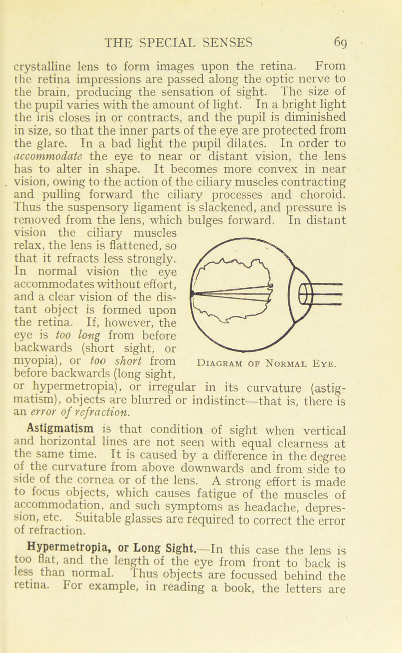 crystalline lens to form images upon the retina. From the retina impressions are passed along the optic nerve to the brain, producing the sensation of sight. The size of the pupil varies with the amount of light. In a bright light the iris closes in or contracts, and the pupil is diminished in size, so that the inner parts of the eye are protected from the glare. In a bad light the pupil dilates. In order to accommodate the eye to near or distant vision, the lens has to alter in shape. It becomes more convex in near vision, owing to the action of the ciliary muscles contracting and pulling forward the ciliary processes and choroid. Thus the suspensory ligament is slackened, and pressure is removed from the lens, which bulges forward. In distant vision the ciliary muscles relax, the lens is flattened, so that it refracts less strongly. In normal vision the eye accommodates without effort, and a clear vision of the dis- tant object is formed upon the retina. If, however, the eye is too long from before backwards (short sight, or myopia), or too short from Diagram of Normal Eye. before backwards (long sight, or hypermetropia), or irregular in its curvature (astig- matism), objects are blurred or indistinct—that is, there is an error of refraction. Astigmatism is that condition of sight when vertical and horizontal lines are not seen with equal clearness at the same time. It is caused by a difference in the degree of the curvature from above downwards and from side to side of the cornea or of the lens. A strong effort is made to focus objects, which causes fatigue of the muscles of accommodation, and such symptoms as headache, depres- sion, etc. Suitable glasses are required to correct the error of refraction. Hypermetropia, or Long Sight.—In this case the lens is too flat, and the length of the eye from front to back is less than normal. Thus objects are focussed behind the retina. For example, in reading a book, the letters are