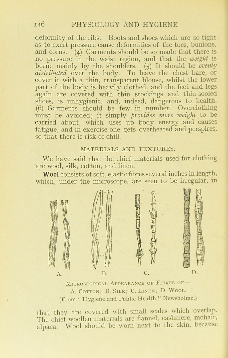 deformity of the ribs. Boots and shoes which are so tight as to exert pressure cause deformities of the toes, bunions, and corns. (4) Garments should be so made that there is no pressure in the waist region, and that the weight is borne mainly by the shoulders. (5) It should be evenly distributed over the body. To leave the chest bare, or cover it with a thin, transparent blouse, whilst the lower part of the body is heavily clothed, and the feet and legs again are covered with thin stockings and thin-sooled shoes, is unhygienic, and, indeed, dangerous to health. (6) Garments should be few in number. Overclothing must be avoided; it simply provides more weight to be carried about, which uses up body energy and causes fatigue, and in exercise one gets overheated and perspires, so that there is risk of chill. MATERIALS AND TEXTURES. We have said that the chief materials used for clothing are wool, silk, cotton, and linen. Wool consists of soft, elastic fibres several inches in length, which, under the microscope, are seen to be irregular, in Microscopical Appearance of Fibres of— A, Cotton; B, Silk; C, Linen; D, Wool. (From “ Hygiene and Public Health,” Newsholme.) that they are covered with small scales which overlap. The chief woollen materials are flannel, cashmere, mohair, alpaca. Wool should be worn next to the skin, because