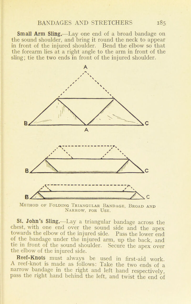 Small Arm Sling.—Lay one end of a broad bandage on the sound shoulder, and bring it round the neck to appear in front of the injured shoulder. Bend the elbow so that the forearm lies at a right angle to the arm in front of the sling; tie the two ends in front of the injured shoulder. A ✓ \ / \ / \ Method of Folding Triangular Bandage, Broad and Narrow, for Use. St. John’s Sling.—Lay a triangular bandage across the chest, with one end over the sound side and the apex towards the elbow of the injured side. Pass the lower end of the bandage under the injured arm, up the back, and tie in front of the sound shoulder. Secure the apex over the elbow of the injured side. Reef-Knots must always be used in first-aid work. A reef-knot is made as follows: Take the two ends of a narrow bandage in the right and left hand respectively, pass the right hand behind the left, and twist the end of