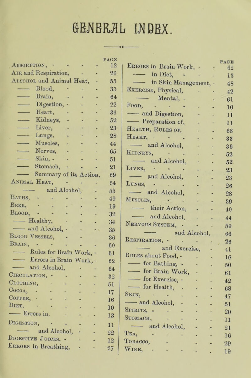 WDBX PAGE Absorption, - - - - 12 Air and Respiration, - - 26 Alcohol and Animal Heat, - 55 Blood, - - - 35 Brain, - • - 64 Digestion, - - - 22 Heart, - - - 36 Kidneys, - - - 52 Liver, - - - 23 Lungs. - - - 28 Muscles, - - - 44 Nerves, - - - 65 Skin, - - - - 51 Stomach, - - - 21 Summary of its Action, 69 Animal Heat, - - - 54 and Alcohol, - 55 Baths, 49 Beer, ----- 19 Blood, ----- 32 Healthy, - - - 34 and Alcohol, - - - 35 Blood Vessels, - - 36 Brain, 50 Rules for Brain Work, - 61 Errors in Brain Work, - 62 and Alcohol, - - 64 Circulation, - - - - 32 Clothing, - - . - 51 Cocoa, i>j Coffee, ■ . . . 20 Errors in, - - - 13 Digestion, - - . . 21 and Alcohol, - - 22 Digestive J dices, • - - 12 Errors in Breathing, - - 07 Errors in Brain Work, - in Diet, in Skin Management, - Exercise, Physical, Mental, - Food, and Digestion, Preparation of. Health, Rules of, Heart, • - . . . and Alcohol, Kidneys, - - - . and Alcohol, Liver, - • - . . and Alcohol, Lungs, ■ . . . . and Alcohol, Muscles, - - - . their Action, and Alcohol, Nervous System, - and Alcohol, Respiration, • - - . and Exercise, Pi ULES about Food, - for Bathing, - for Brain Work, - for Exercise, - for Health, Skin, - . . . . and Alcohol, - Spirits, - - . . . Stomach, .... and Alcohol, Tea, - . . . . Tobacco, Wine, - - . . page 62 13 48 42 61 10 11 11 68 33 36 52 52 23 23 26 28 39 40 44 59 66 , 26 41 16 50 61 42 68 47 51 20 11 21 16 29 19