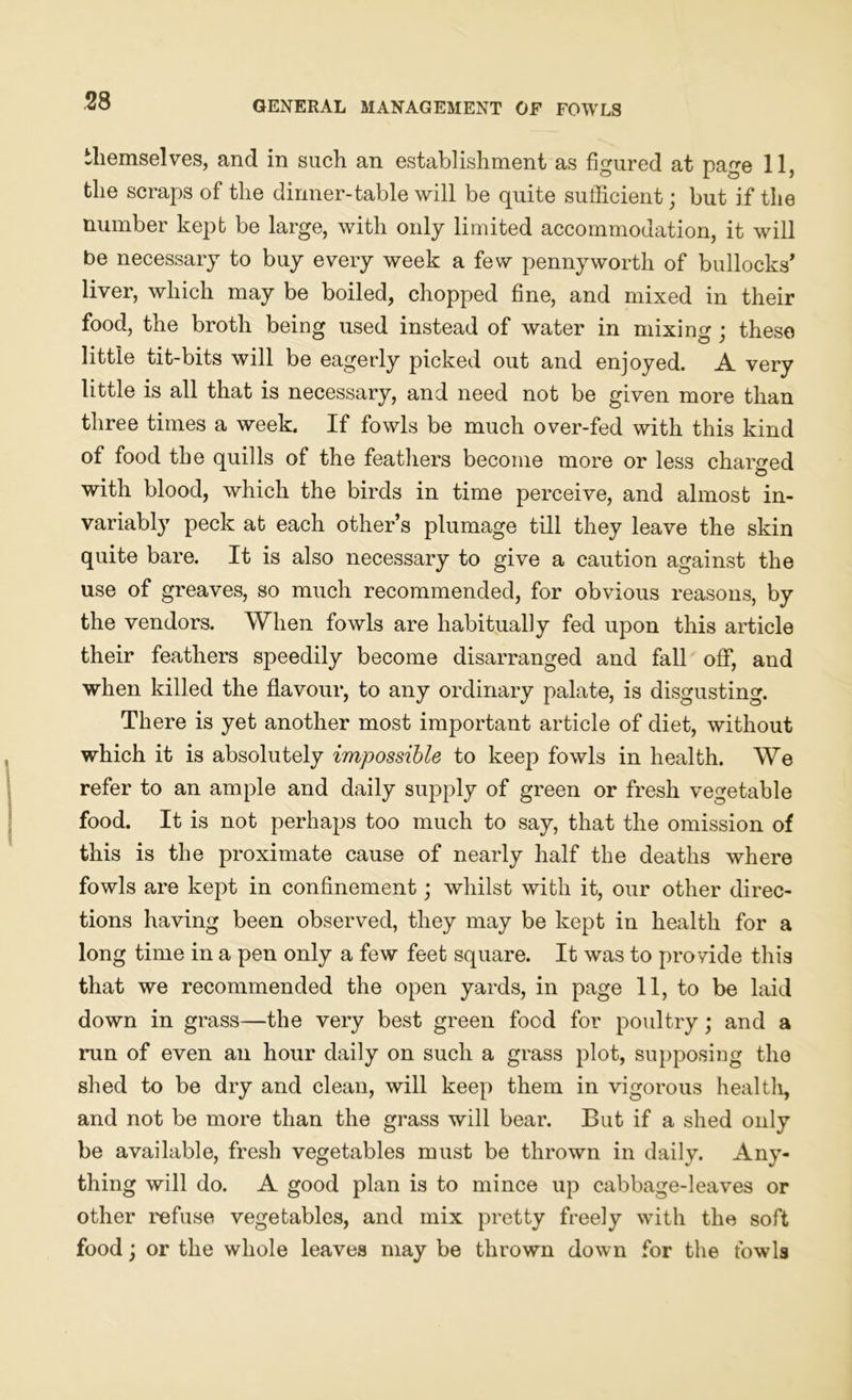 themselves, and in such an establishment as figured at page 11, the scraps of the dinner-table will be quite sufficient j but if the number kept be large, with only limited accommodation, it will be necessary to buy every week a few pennyworth of bullocks’ liver, which may be boiled, chopped fine, and mixed in their food, the broth being used instead of water in mixing ; these little tit-bits will be eagerly picked out and enjoyed. A very little is all that is necessary, and need not be given more than three times a week. If fowls be much over-fed with this kind of food the quills of the feathers become more or less charged with blood, which the birds in time perceive, and almost in- variably peck at each other’s plumage till they leave the skin quite bare. It is also necessary to give a caution against the use of greaves, so much recommended, for obvious reasons, by the vendors. When fowls are habitually fed upon this article their feathers speedily become disarranged and fall off, and when killed the flavour, to any ordinary palate, is disgusting. There is yet another most important article of diet, without which it is absolutely impossible to keep fowls in health. We refer to an ample and daily supply of green or fresh vegetable food. It is not perhaps too much to say, that the omission of this is the proximate cause of nearly half the deaths where fowls are kept in confinement; whilst with it, our other direc- tions having been observed, they may be kept in health for a long time in a pen only a few feet square. It was to proyide this that we recommended the open yards, in page 11, to be laid down in grass—the very best green food for poultry; and a run of even an hour daily on such a grass plot, supposing the shed to be dry and clean, will keep them in vigorous heal tig and not be more than the grass will bear. But if a shed only be available, fresh vegetables must be thrown in daily. Any- thing will do. A good plan is to mince up cabbage-leaves or other refuse vegetables, and mix pretty freely with the soft food; or the whole leaves may be thrown down for the fowls