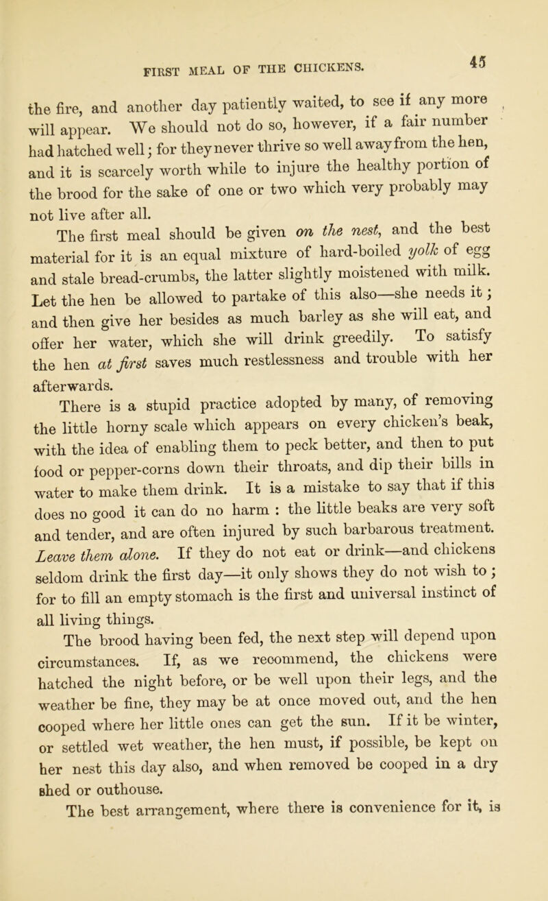 FIRST MEAL OF THE CHICKENS. the fire, and another day patiently waited, to see if any more will appear. We should not do so, however, if a fair number had hatched well; for they never thrive so well awayfrom the hen, and it is scarcely worth while to injure the healthy portion of the brood for the sake of one or two which very probably may not live after all. The first meal should be given on the nest, and the best material for it is an equal mixture of hard-boiled yolk of egg and stale bread-crumbs, the latter slightly moistened with milk. Let the hen be allowed to partake of this also—she needs it; and then give her besides as much barley as she will eat, and ofier her water, which she will drink greedily. To satisfy the hen at first saves much restlessness and trouble with her afterwards. There is a stupid practice adopted by many, of removing the little horny scale which appears on every chicken s beak, with the idea of enabling them to peck better, and then to put food or pepper-corns down their throats, and dip their bills in water to make them drink. It is a mistake to say that if this does no good it can do no harm : the little beaks are very soft and tender, and are often injured by such barbarous treatment. Leave them alone. If they do not eat or drink—and chickens seldom drink the first day—it only shows they do not wish to ; for to fill an empty stomach is the first and universal instinct of all living things. The brood having been fed, the next step will depend upon circumstances. If, as we recommend, the chickens were hatched the night before, or be well upon their legs, and the weather be fine, they may be at once moved out, and the hen cooped where her little ones can get the sun. If it be winter, or settled wet weather, the hen must, if possible, be kept on her nest this day also, and when removed be cooped in a dry shed or outhouse. The best arrangement, where there is convenience for it, is