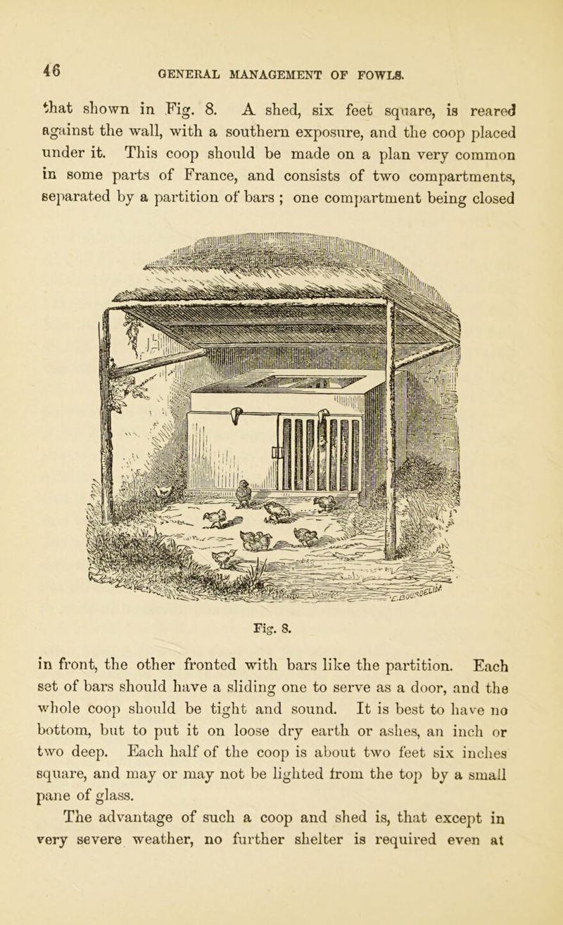 that shown in Fig. 8. A shed, six feet square, is reared against the wall, with a southern exposure, and the coop placed under it. This coop should be made on a plan very common in some parts of France, and consists of two compartments, separated by a partition of bars ; one compartment being closed Tig. 8. in front, the other fronted with bars like the partition. Each set of bars should have a sliding one to serve as a door, and the whole coop should be tight and sound. It is best to have no bottom, but to put it on loose dry earth or ashes, an inch or two deep. Each half of the coop is about two feet six inches square, and may or may not be lighted from the top by a small pane of glass. The advantage of such a coop and shed is, that except in very severe weather, no further shelter is required even at