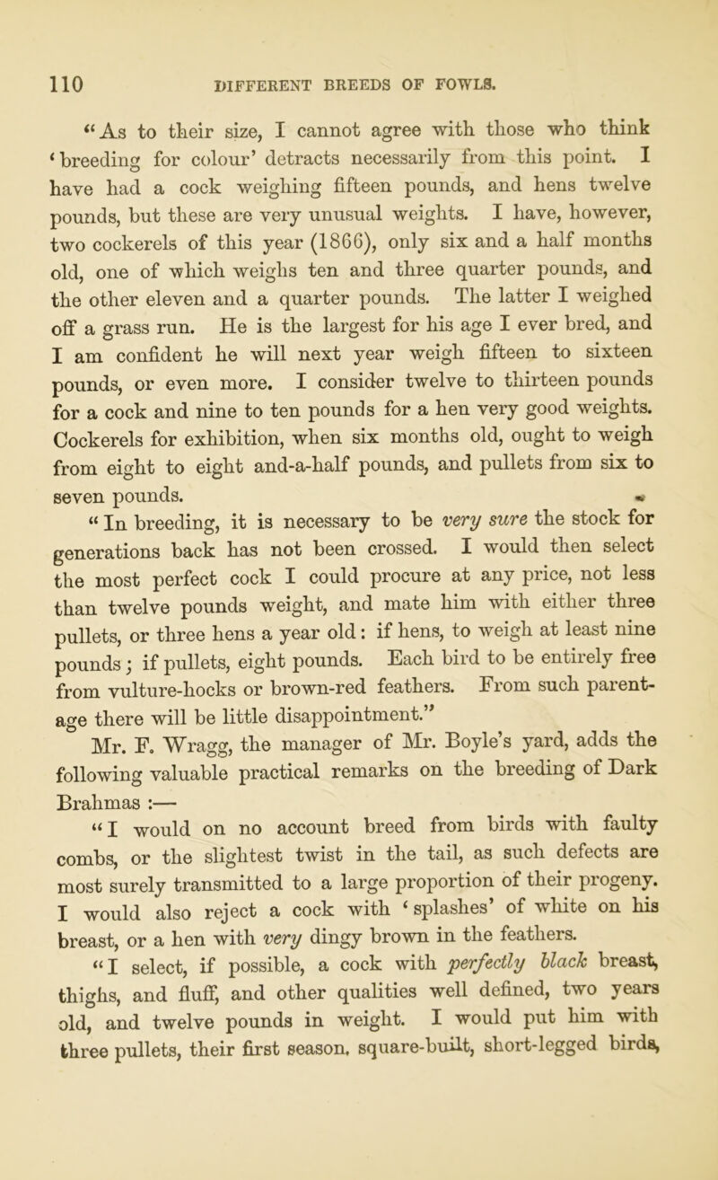 “As to their size, I cannot agree with those who think 1 breeding for colour’ detracts necessarily from this point. I have had a cock weighing fifteen pounds, and hens twelve pounds, but these are very unusual weights. I have, however, two cockerels of this year (1866), only six and a half months old, one of which weighs ten and three quarter pounds, and the other eleven and a quarter pounds. The latter I weighed off a grass run. He is the largest for his age I ever bred, and I am confident he will next year weigh fifteen to sixteen pounds, or even more. I consider twelve to thirteen pounds for a cock and nine to ten pounds for a hen very good weights. Cockerels for exhibition, when six months old, ought to weigh from eight to eight and-a-half pounds, and pullets from six to seven pounds. “ In breeding, it is necessary to be very sure the stock for generations back has not been crossed. I would then select the most perfect cock I could procure at any price, not less than twelve pounds weight, and mate him with either three pullets, or three hens a year old: if hens, to weigh at least nine pounds; if pullets, eight pounds. Each bird to be entirely free from vulture-hocks or brown-red feathers. From such parent- age there will be little disappointment.” Mr. F. Wragg, the manager of Mr. Boyle’s yard, adds the following valuable practical remarks on the breeding of Dark Brahmas :— “ I would on no account breed from birds with faulty combs, or the slightest twist in the tail, as such defects are most surely transmitted to a large proportion of their progeny. I would also reject a cock with 4 splashes’ of white on his breast, or a hen with very dingy brown in the feathers. “I select, if possible, a cock with perfectly black breast, thighs, and fluff, and other qualities well defined, two years old, and twelve pounds in weight. I would put him with three pullets, their first season, square-built, short-legged birds,