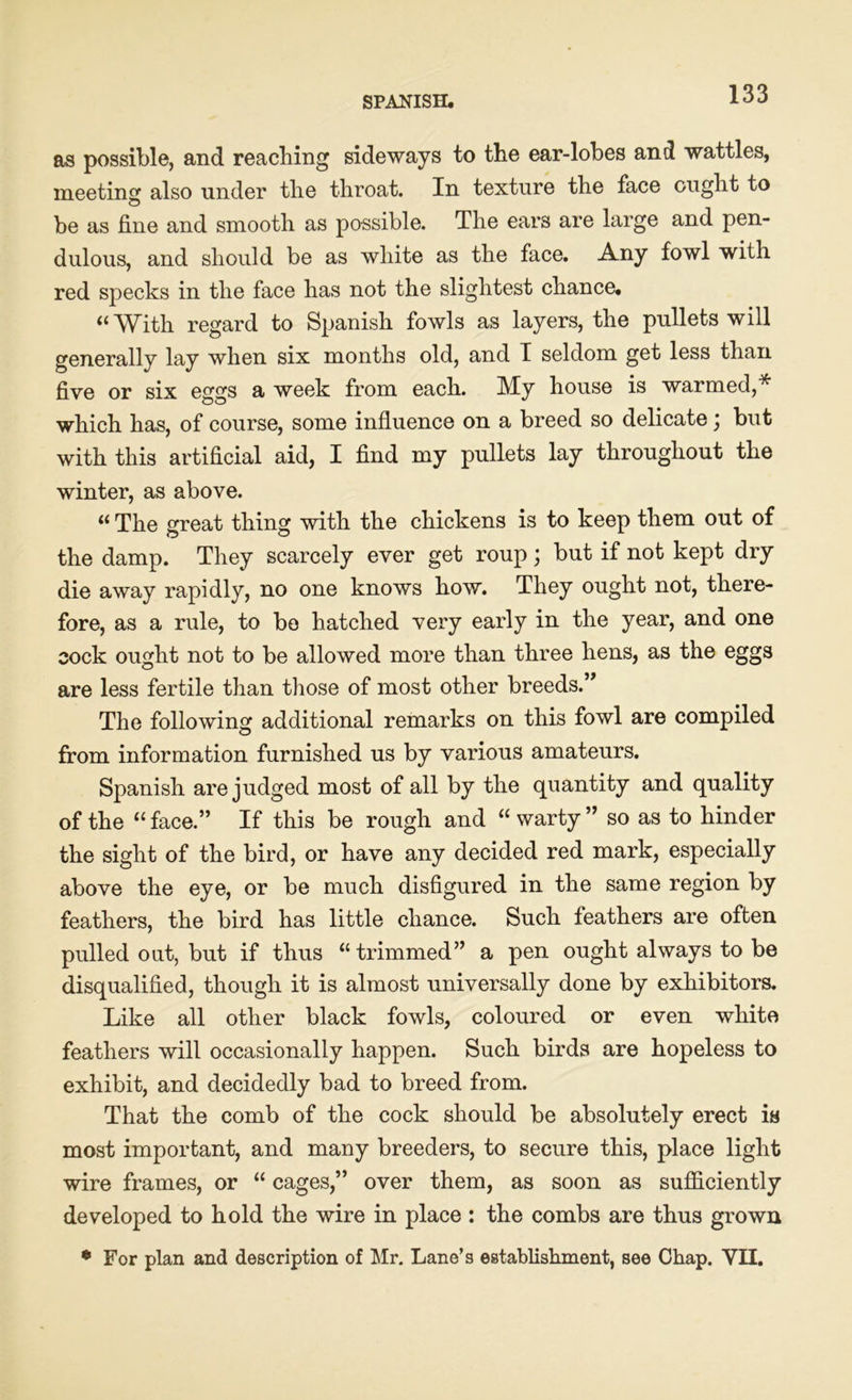 as possible, and reaching sideways to the ear-lobes and wattles, meeting also under the throat. In texture the face ought to be as fine and smooth as possible. The ears are large and pen- dulous, and should be as white as the face. Any fowl with red specks in the face has not the slightest chance. “With regard to Spanish fowls as layers, the pullets will generally lay when six months old, and I seldom get less than five or six eggs a week from each. My house is warmed,* which has, of course, some influence on a breed so delicate; but with this artificial aid, I find my pullets lay throughout the winter, as above. “ The great thing with the chickens is to keep them out of the damp. They scarcely ever get roup; but if not kept dry die away rapidly, no one knows how. They ought not, there- fore, as a rule, to bo hatched very early in the year, and one cock ought not to be allowed more than three hens, as the eggs are less fertile than those of most other breeds.” The following additional remarks on this fowl are compiled from information furnished us by various amateurs. Spanish are judged most of all by the quantity and quality of the “ face.” If this be rough and “ warty ” so as to hinder the sight of the bird, or have any decided red mark, especially above the eye, or be much disfigured in the same region by feathers, the bird has little chance. Such feathers are often pulled out, but if thus “ trimmed” a pen ought always to be disqualified, though it is almost universally done by exhibitors. Like all other black fowls, coloured or even white feathers will occasionally happen. Such birds are hopeless to exhibit, and decidedly bad to breed from. That the comb of the cock should be absolutely erect is most important, and many breeders, to secure this, place light wire frames, or “ cages,” over them, as soon as sufficiently developed to hold the wire in place : the combs are thus grown • For plan and description of Mr. Lane’s establishment, see Chap. VII.