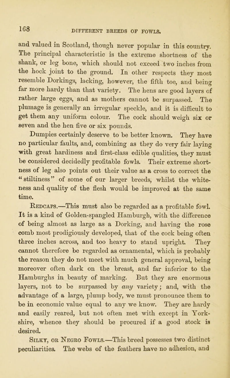 1G8 and valued in Scotland, though never popular in this country. The principal characteristic is the extreme shortness of the shank, or leg bone, which should not exceed two inches from the hock joint to the ground. In other respects they most resemble Dorkings, lacking, however, the fifth toe, and being far more hardy than that variety. The hens are good layers of rather large eggs, and as mothers cannot be surpassed. The plumage is generally an irregular speckle, and it is difficult to get them any uniform colour. The cock should weigh six or seven and the hen five or six pounds. Dumpies certainly deserve to be better known. They have no particular faults, and, combining as they do very fair laying with great hardiness and first-class edible qualities, they must be considered decidedly profitable fowls. Their extreme short- ness of leg also points out their value as a cross to correct the “ stiltiness ” of some of our larger breeds, whilst the white- ness and quality of the flesh would be improved at the same time. Redcaps.—This must also be regarded as a profitable fowl. It is a kind of Golden-spangled Hamburgh, with the difference of being almost as large as a Dorking, and having the rose comb most prodigiously developed, that of the cock being often three inches across, and too heavy to stand upright. They cannot therefore be regarded as ornamental, which is probably the reason they do not meet with much general approval, being moreover often dark on the breast, and far inferior to the Hamburghs in beauty of marking. But they are enormous layers, not to be surpassed by any variety; and, with the advantage of a large, plump body, we must pronounce them to be in economic value equal to any we know. They are hardy and easily reared, but not often met with excejDt in York- shire, whence they should be procured if a good stock is desired. Silky, or Hegro Fowls.—This breed possesses two distinct peculiaritiea The webs of the feathers have no adhesion, and