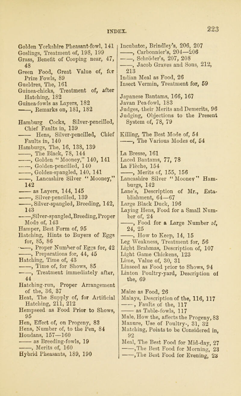 Golden Yorkshire Pheasant-fowl, 141 Goslings, Treatment of, 198, 199 Grass, Benefit of Cooping near, 47, 48 Green Food, Great Value of, for Prize Fowls, 89 Gueldres, The, 161 Guinea-chicks, Treatment of, after Hatching, 182 Guinea-fowls as Layers, 182 , Remarks on, 181, 182 Hamburg Cocks, Silver-pencilled, Chief Faults in, 139 Hens, Silver-pencilled, Chief Faults in, 140 Hamburgs, The, 16, 138, 139 , The Black, 78, 144 , Golden “Mooney,” 140, 141 , Golden-pencilled, 140 , Golden-spangled, 140, 141 , Lancashire Silver “ Mooney,” 142 as Layers, 144, 145 , Silver-pencilled, 139 , Silver-spangled, Breeding, 142, 143 ,Silver-spangled, Breeding, Proper Mods of, 143 Hamper, Best Form of, 95 Hatching, Hints to Buyers of Eggs for, 85, 86 •' , Proper Number of Eggs for, 42 , Preparations for, 44, 45 Hatching, Time of, 43 , Time of, for Shows, 85 , Treatment immediately after, 44 Hatching run, Proper Arrangement of the, 36, 37 Heat, The Supply of, for Artificial Hatching, 211, 212 Hempseed as Food Prior to Shows, 95 Hen, Effect of, on Progeny, 83 Hens, Number of, to the Pen, 84 Houdans, 157—160 as Breeding-fowls, 19 , Merits of, 160 Hybrid Pheasants, 189, 190 Incubator, Brindley’s, 206, 207 , Carbonnier’s, 204—206 Schroder’s, 207, 208 , Jacob Graves and Sons, 212, 213 Indian Meal as Food, 26 Insect Vermin, Treatment for, 59 Japanese Bantams, 166, 167 Javan Pea-fowl, 183 Judges, their Merits and Demerits, 96 Judging, Objections to the Present System of, 78, 79 Killing, The Best Mode of, 54 , The Various Modes of, 54 La Bresse, 161 Laced Bantams, 77, 78 La Fleche, 154 , Merits of, 155, 156 Lancashire Silver “ Moonev ” Ham- burgs, 142 Lane’s, Description of Mr., Esta- blishment, 64—67 Large Black Duck, 196 Laying Hens, Food for a Small Num- ber of, 24 , Food for a Large Number of, 24, 25 , How to Keep, 14, 15 Leg Weakness, Treatment for, 56 Light Brahmas, Description of, 107 Light Game Chickens, 123 Lime, Value of, 30, 31 Linseed as Food prior to Shows, 94 Linton Poultry-yard, Description oi the, 69 Maize as Food, 26 Malays, Description of the, 116, 117 , Faults of the, 117 as Table-fowls, 117 Male, Flow the, affects the Progeny, 83 Manure, Use of Poultry-, 31, 32 Matching, Points to be Considered in, 92 Meal, The Best Food for Mid-day, 27 ,The Best Food for Morning, 23 ,The Best Food for Evening, 23