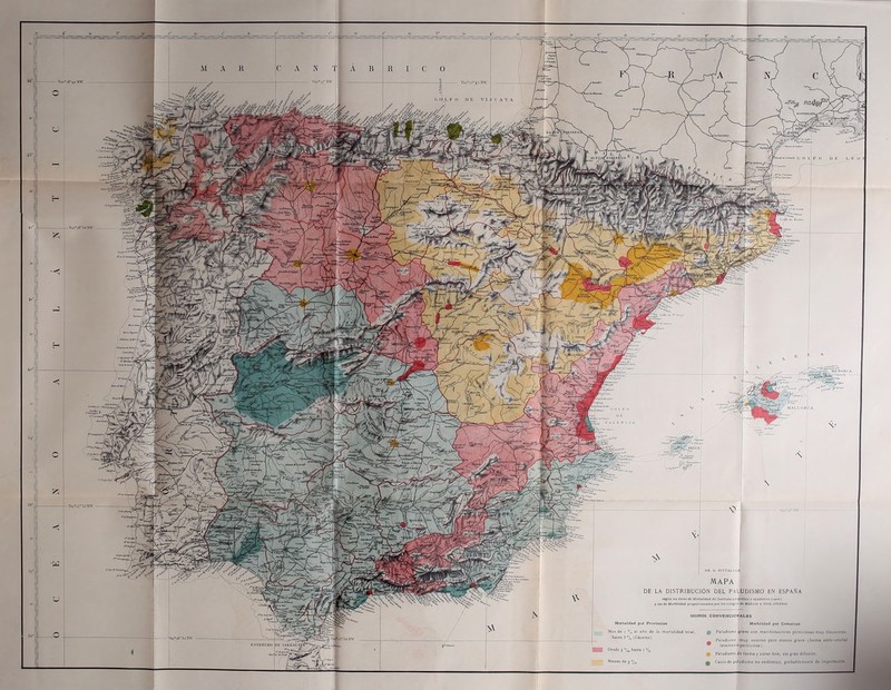i^ssdq^eBrSggtniagargiisaii.a^ SnSW. LUGA MAPA DE LA DISTRIBUCION DEL PALUDISMO EN ESPAfllA ue’grlfico y cstadisiico (1900> Morlalidad por Provincias Mas de 1 •/, al arto de la morlalidad total, hasta 5 °/0 (C4ceres). Desde 3 •/„ hasta 1 Menos de 3 •/,, SIGNOS CONVENCIONALES Morbilidad por Cotnarcas Paludismo grave con manifestaciones perniciosas muy frecuentes. Paludismo muy extenso pero menos grave (forma estlo-otonal raramente perni. Paludismo de forma y curso leve, sin gran difusidn. Casos de paludismo no enddmico, probablemcnte de