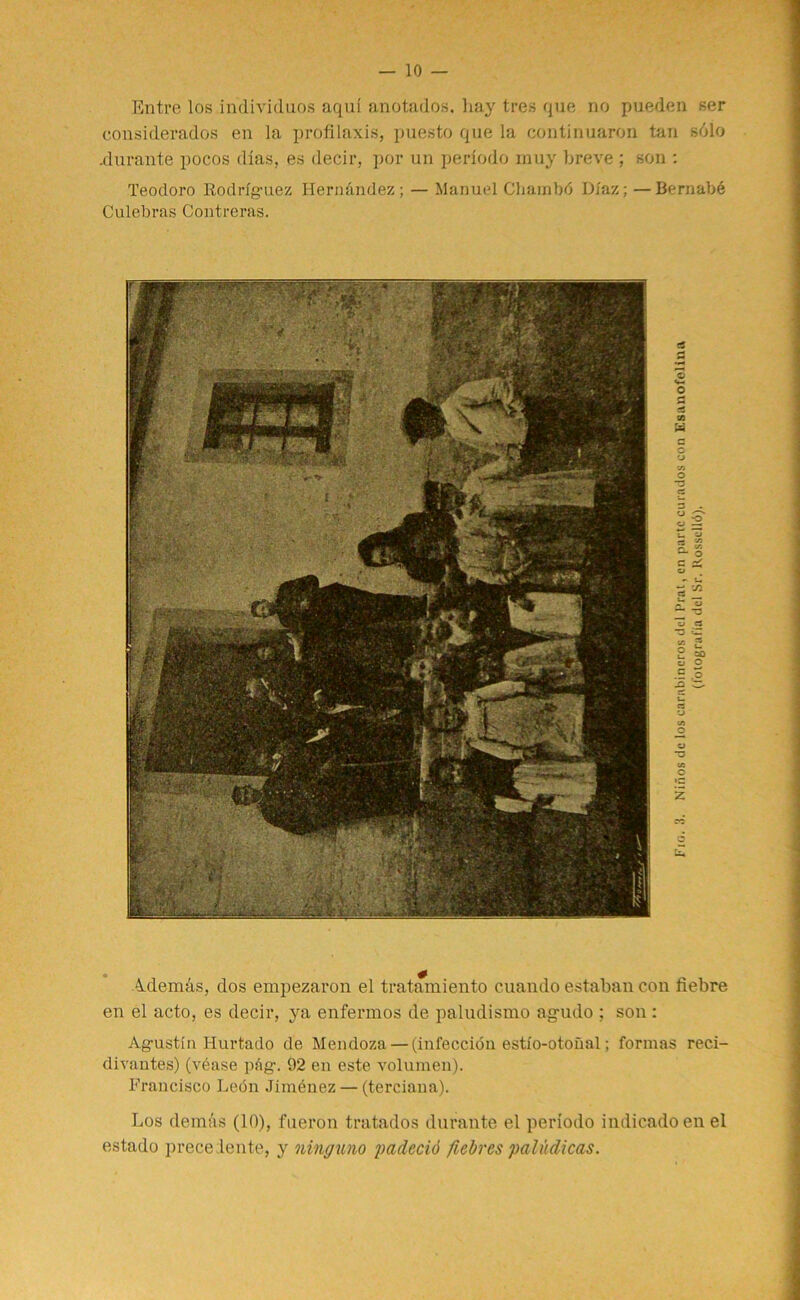 Entre los individuos aqui anotados. hay tres que no pueden ser considerados en la profilaxis, puesto que la continuaron tan solo .durante pocos dlas, es decir, por un periodo rnuy breve ; son : Teodoro Rodriguez Hern&ndez; — Manuel Chambd Diaz; —Bernabe Culebras Contreras. Adem&s, dos empezaron el tratamiento cuando estaban con fiebre en el acto, es decir, ya enfermos de paludismo ag-udo ; son : Ag-ustin I-Iurtado de Mendoza — (infeccion estlo-otonal; formas reci- divantes) (vease pdg. 92 en este volumen). Francisco Leon Jimenez — (terciana). Los dem;'is (10), fueron tratados durante el periodo indicadoen el estado preceiente, y ninguno padecid ficbrcs paludicas.