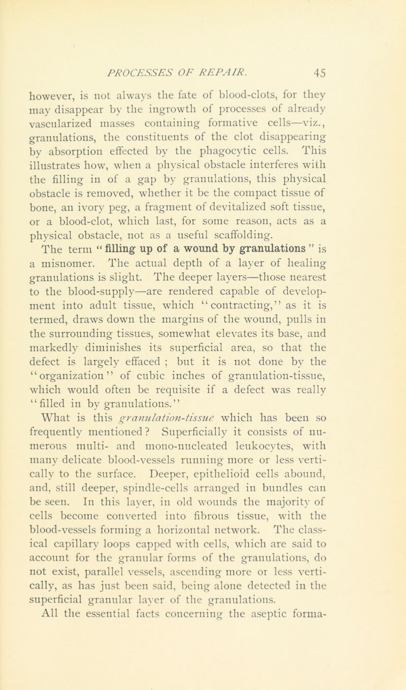 however, is not always the fate of blood-clots, for they may disappear by the ingrowth of processes of already vascularized masses containing formative cells—viz., granulations, the constituents of the clot disappearing by absorption effected by the phagocytic cells. This illustrates how, when a physical obstacle interferes with the filling in of a gap by granulations, this physical obstacle is removed, whether it be the compact tissue of bone, an ivory peg, a fragment of devitalized soft tissue, or a blood-clot, which last, for some reason, acts as a physical obstacle, not as a useful scaffolding. The term “ filling up of a wound by granulations ” is a misnomer. The actual depth of a layer of healing granulations is slight. The deeper layers—those nearest to the blood-supply—are rendered capable of develop- ment into adult tissue, which “contracting,” as it is termed, draws down the margins of the wound, pulls in the surrounding tissues, somewhat elevates its base, and markedly diminishes its superficial area, so that the defect is largely effaced ; but it is not done by the “organization” of cubic inches of granulation-tissue, which would often be requisite if a defect was really “filled in by granulations.” What is this granulation-tissue which has been so frequently mentioned ? Superficially it consists of nu- merous multi- and mono-nucleated leukocytes, with many delicate blood-vessels running more or less verti- cally to the surface. Deeper, epithelioid cells abound, and, still deeper, spindle-cells arranged in bundles can be seen. In this layer, in old wounds the majority of cells become converted into fibrous tissue, with the blood-vessels forming a horizontal network. The class- ical capillary loops capped with cells, which are said to account for the granular forms of the granulations, do not exist, parallel vessels, ascending more or less verti- cally, as has just been said, being alone detected in the superficial granular layer of the granulations. All the essential facts concerning the aseptic forma-