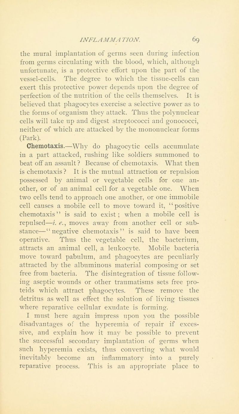 the mural implantation of germs seen during infection from germs circulating with the blood, which, although unfortunate, is a protective effort upon the part of the vessel-cells. The degree to which the tissue-cells can exert this protective power depends upon the degree of perfection of the nutrition of the cells themselves. It is believed that phagocytes exercise a selective power as to the forms of organism they attack. Thus the polynuclear cells will take up and digest streptococci and gonococci, neither of which are attacked by the mononuclear forms (Park). Chemotaxis.—Why do phagocytic cells accumulate in a part attacked, rushing like soldiers summoned to beat off an assault? Because of chemotaxis. What then is chemotaxis? It is the mutual attraction or repulsion possessed by animal or vegetable cells for one an- other, or of an animal cell for a vegetable one. When two cells tend to approach one another, or one immobile cell causes a mobile cell to move toward it, “positive chemotaxis” is said to exist; when a mobile cell is repulsed—i. e., moves away from another cell or sub- stance—“negative chemotaxis” is said to have been operative. Thus the vegetable cell, the bacterium, attracts an animal cell, a leukocyte. Mobile bacteria move toward pabulum, and phagocytes are peculiarly attracted by the albuminous material composing or set free from bacteria. The disintegration of tissue follow- ing aseptic wounds or other traumatisms sets free pro- teids which attract phagocytes. These remove the detritus as well as effect the solution of living tissues where reparative cellular exudate is forming. I must here again impress upon you the possible disadvantages of the hyperemia of repair if exces- sive, and explain how it may be possible to prevent the successful secondary implantation of germs when such hyperemia exists, thus converting what would inevitably become an inflammatory into a purely reparative process. This is an appropriate place to