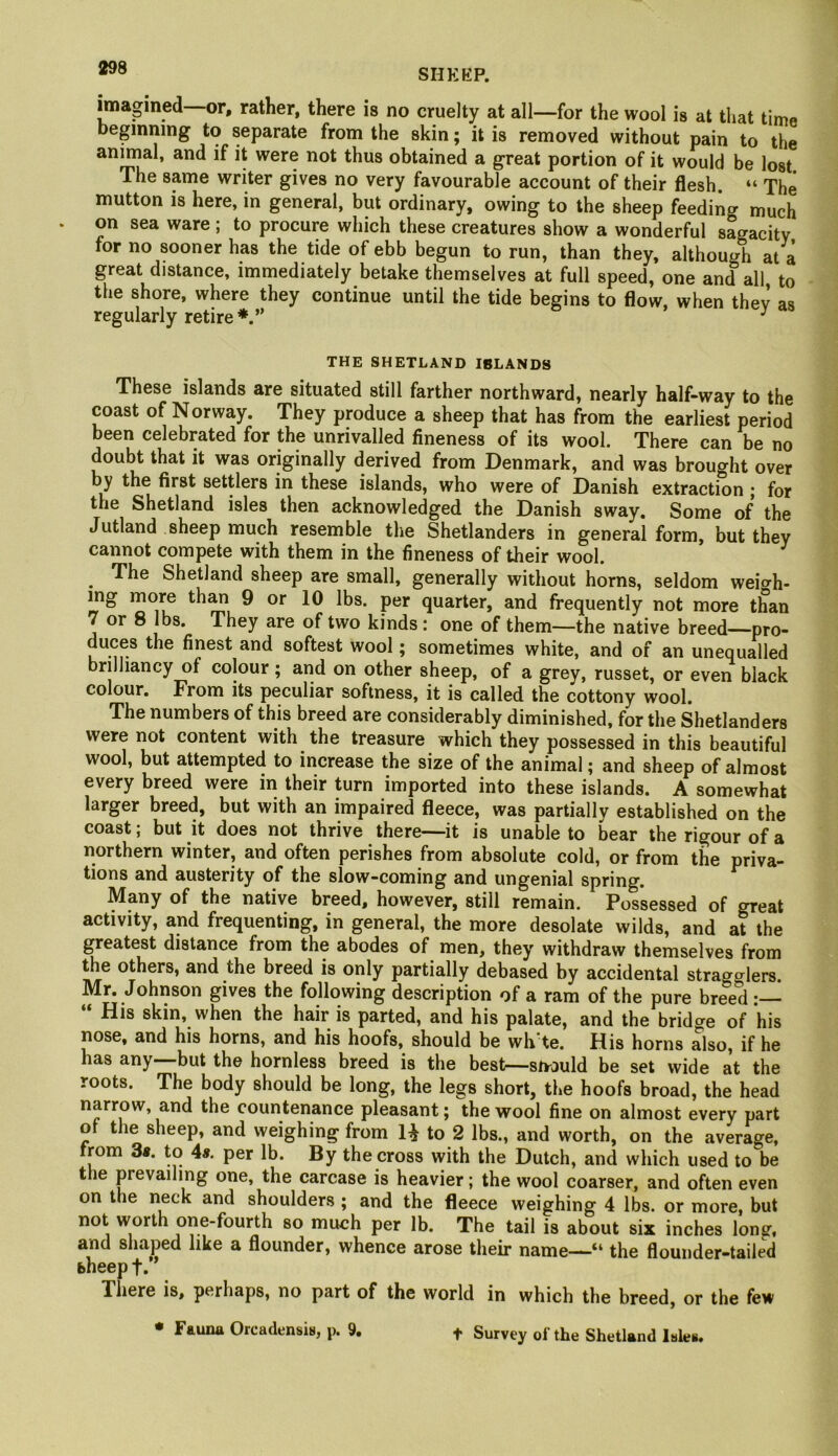 imagined—or, rather, there is no cruelty at all—for the wool is at that time beginning to separate from the skin; it is removed without pain to the animal, and if it were not thus obtained a great portion of it would be lost The same writer gives no very favourable account of their flesh. “ The mutton is here, in general, but ordinary, owing to the sheep feeding much . on sea ware ; to procure which these creatures show a wonderful sagacity for no sooner has the tide of ebb begun to run, than they, although at a great distance, immediately betake themselves at full speed, one and all to the shore, where they continue until the tide begins to flow, when thev as regularly retire*.” ^ THE SHETLAND ISLANDS These islands are situated still farther northward, nearly half-way to the coast of Norway. They produce a sheep that has from the earliest period been celebrated for the unrivalled fineness of its wool. There can be no doubt that it was originally derived from Denmark, and was brought over by the first settlers in these islands, who were of Danish extraction ; for the Shetland isles then acknowledged the Danish sway. Some of the Jutland sheep much resemble the Shetlanders in general form, but they cannot compete with them in the fineness of their wool. ^ ^ The Shetland sheep are small, generally without horns, seldom weitrh- mg wiore than 9 or 10 lbs. per quarter, and frequently not more th^an 7 or 8 lbs. They are of two kinds: one of them—the native breed—pro- duces the finest and softest wool; sometimes white, and of an unequalled brilliancy of colour; and on other sheep, of a grey, russet, or even black colour. From its peculiar softness, it is called the cottony wool. The numbers of this breed are considerably diminished, for the Shetlanders were not content with the treasure which they possessed in this beautiful wool, but attempted to increase the size of the animal; and sheep of almost every breed were in their turn imported into these islands. A somewhat larger breed, but with an impaired fleece, was partially established on the coast; but it does not thrive there—it is unable to bear the rigour of a northern winter, and often perishes from absolute cold, or from the priva- tions and austerity of the slow-coming and ungenial spring. Many of the native breed, however, still remain. Possessed of great activity, and frequenting, in general, the more desolate wilds, and at the greatest distance from the abodes of men, they withdraw themselves from the others, and the breed is only partially debased by accidental stragglers. following description of a ram of the pure breed :— His skin, when the hair is parted, and his palate, and the bridge of his nose, and his horns, and his hoofs, should be wh te. His horns also, if he has any—but the hornless breed is the best—sivould be set wide at the roots. The body should be long, the legs short, the hoofs broad, the head narrow, and the countenance pleasant; the wool fine on almost every part or the sheep, and weighing from 1^ to 2 lbs., and worth, on the average, from 3«. to 4«. per lb. By the cross with the Dutch, and which used to be the prevailing one, the carcase is heavier; the wool coarser, and often even on the neck and shoulders ; and the fleece weighing 4 lbs. or more, but not worth one-fourth so much per lb. The tail is about six inches long, and shaped like a flounder, whence arose their name—“ the flounder-tailed bheep t.’^ There is, perhaps, no part of the world in which the breed, or the few • Fauna Orcadensis, p. 9. f Survey of the Shetland laieB.