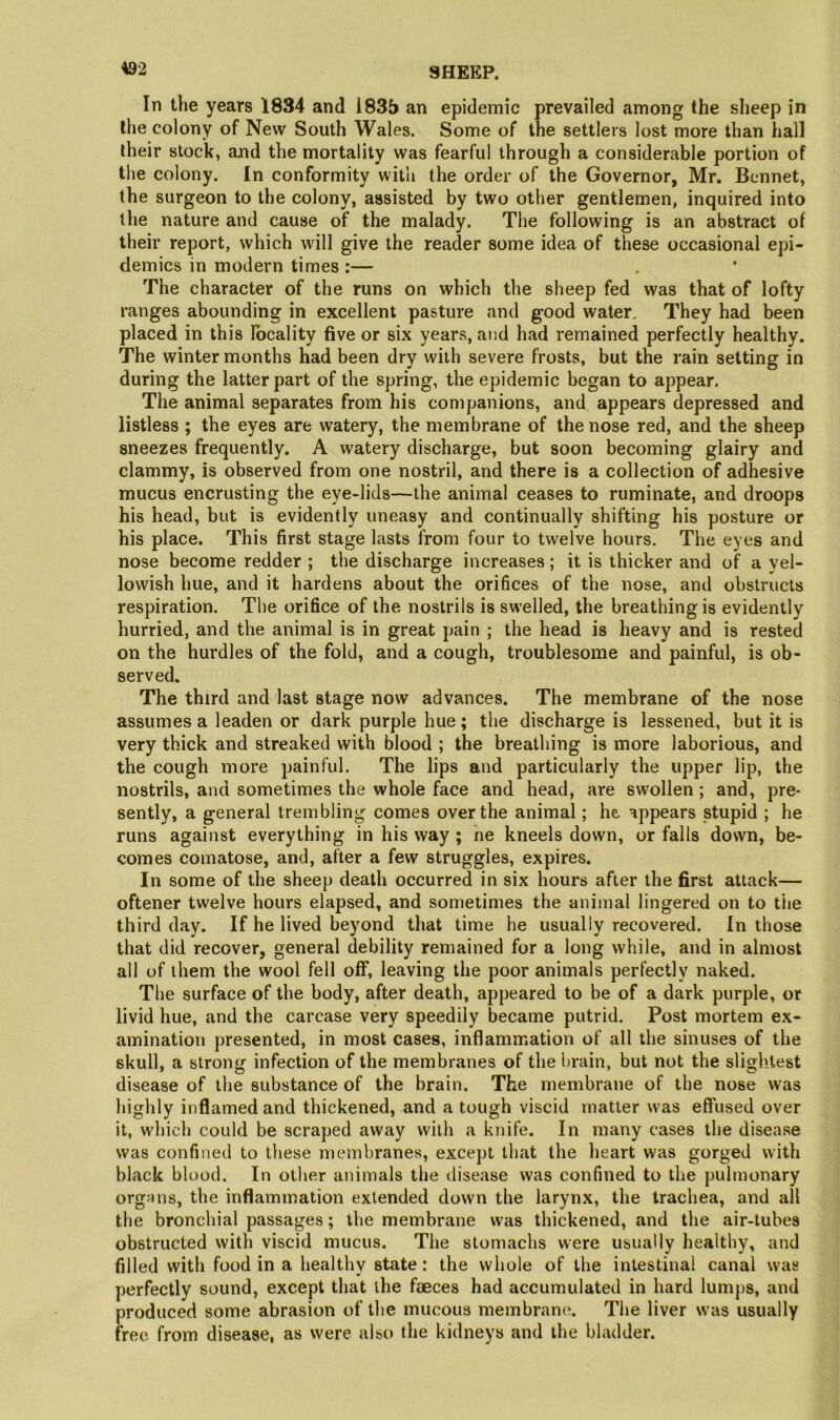 ^'2 SHEEP. In the years 1834 and 1835 an epidemic prevailed among the sheep in the colony of New South Wales. Some of the settlers lost more than hall their stock, and the mortality was fearful through a considerable portion of the colony. In conformity with the order of the Governor, Mr, Bennet, the surgeon to the colony, assisted by two other gentlemen, inquired into the nature and cause of the malady. The following is an abstract of their report, which will give the reader some idea of these occasional epi- demics in modern times :— The character of the runs on which the sheep fed was that of lofty ranges abounding in excellent pasture and good water. They had been placed in this locality five or six years, ar)d had remained perfectly healthy. The winter months had been dry with severe frosts, but the rain setting in during the latter part of the spring, the epidemic began to appear. The animal separates from his companions, and appears depressed and listless ; the eyes are watery, the membrane of the nose red, and the sheep sneezes frequently. A watery discharge, but soon becoming glairy and clammy, is observed from one nostril, and there is a collection of adhesive mucus encrusting the eye-lids—the animal ceases to ruminate, and droops his head, but is evidently uneasy and continually shifting his posture or his place. This first stage lasts from four to twelve hours. The eyes and nose become redder ; the discharge increases ; it is thicker and of a yel- lowish hue, and it hardens about the orifices of the nose, and obstructs respiration. The orifice of the nostrils is swelled, the breathing is evidently hurried, and the animal is in great pain ; the head is heavy and is rested on the hurdles of the fold, and a cough, troublesome and painful, is ob- served. The third and last stage now advances. The membrane of the nose assumes a leaden or dark purple hue; the discharge is lessened, but it is very thick and streaked with blood ; the breathing is more laborious, and the cough more painful. The lips and particularly the upper lip, the nostrils, and sometimes the whole face and head, are swollen ; and, pre- sently, a general trembling comes over the animal; he appears stupid ; he runs against everything in his way; ne kneels down, or falls down, be- comes comatose, and, after a few struggles, expires. In some of the sheep death occurred in six hours after the first attack— oftener twelve hours elapsed, and sometimes the animal lingered on to the third day. If he lived beyond that time he usually recovered. In those that did recover, general debility remained for a long while, and in almost all of them the wool fell off, leaving the poor animals perfectly naked. The surface of the body, after death, appeared to be of a dark purple, or livid hue, and the carcase very speedily became putrid. Post mortem ex- amination presented, in most cases, inflammation of all the sinuses of the skull, a strong infection of the membranes of the brain, but not the slightest disease of the substance of the brain. The membrane of the nose was highly inflamed and thickened, and a tough viscid matter was effused over it, which could be scraped away with a knife. In many cases the disease was confined to these membranes, except that the heart was gorged with black blood. In other animals the disease was confined to the pulmonary organs, the inflammation extended down the larynx, the trachea, and all the bronchial passages; the membrane was thickened, and the air-tubes obstructed with viscid mucus. The stomachs were usually healthy, and filled with food in a healthy state: the whole of the intestinal canal was perfectly sound, except that the faeces had accumulated in hard lumps, and produced some abrasion of the mucous membrane. The liver was usually free from disease, as were also the kidneys and the bladder.