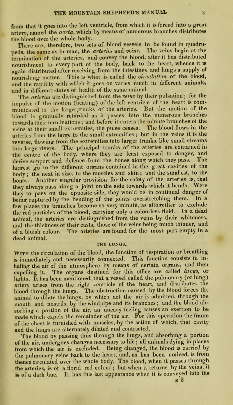 from that it goes into the left ventricle, from which it is forced into a great artery, named the aorta^ which by means of numerous branches distributes the blood over the whole body. There are, therefore, two sets of blood-vessels to be found in quadru- peds, the same as in man, the arteries and veins. The veins begin at the termination of the arteries, and convey the blood, after it has distributed nourishment to every part of the body, back to the heart, whence it is again distributed after receiving from the intestines and lungs a supply of nourishing matter. This is what is called the circulation of the blood, and the rapidity with which it goes on varies much in different animals, and in different states of health of the same animal. The arteries are distinguished from the veins by their pulsation; for the impulse of the motion (beating) of the left ventricle of the heart is com- municated to the large ^trunks of the arteries. But the motion of the blood is gradually retarded as it passes into the numerous branches towards their terminations ; and before it enters the minute branches of the veins at their smalt extremities, the pulse ceases. The blood flows in the arteries from the large to the small extremities ; but in the veins it is the reverse, flowing from the extremities into larger trunks, like small streams into large rivers. The principal trunks of the arteries are contained in the centre of the body, where they are least exposed to danger, and derive support and defence from the bones along which they pass. The largest go to the different organs contained in the great cavities of the body; the next in size, to the muscles and skin; and the smallest, to the bones. Another singular provision for the safety of the arteries is, that they always pass along a joint on the side towards which it bends. Were they to pass on the opposite side, they would be in continual danger of being ruptured by the bending of the joints overstretching them. In a few places the branches become so very minute, as altogether to exclude the red particles of the blood, carrying only a colourless fluid. In a dead animal, the arteries are distinguished from the veins by their whiteness, and the thickness of their casts, those of the veins being much thinner, and of a bluish colour. The arteries are found for the most part empty in a dead animal. THE LUNGS, With the circulation of the blood, the function of respiration or breathing is immediately and necessarily connected. This function consists in in- haling the air of the atmosphere by means of certain organs, and then expelling it. The organs destined for this office are called lungSy or lights. It has been mentioned, that a vessel called the pulmonary (or lung) artery arises from the right ventricle of the heart, and distributes the blood through the lungs. The obstruction caused by the blood forces the animal to dilate the lungs, by which act the air is admitted, through the mouth and nostrils, by the windpipe and its branches; and the blood ab- sorbing a portion of the air, an uneasy feeling causes an exertion to be made which expels the remainder of the air. For this operation the frame of the chest is furnished with muscles, by the action of which, that cavity and the lungs are alternately dilated and contracted. The blood by passing thus through the lungs, and absorbing a portion of the air, undergoes changes necessary to life ; all animals dying in places from which the air is excluded. Being changed, the blood is carried by the pulmonary veins back to the heart, and, as has been noticed, is from thence circulated over the whole body. The blood, when it pusses through the arteries, is of a florid red colour; but when it returns by the veins, it is of a dark hue. It has this last appearance when it is conveyed into the