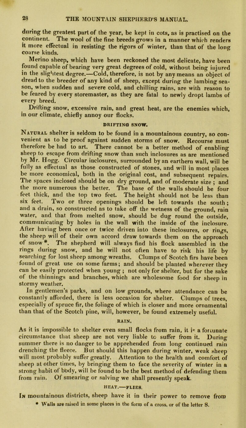 during the greatest part of the year, be kept in cots, as is practised on the continent. The wool of the fine breeds grows in a manner which renders it more effectual in resisting the rigors of winter, than that of the long coarse kinds. Merino sheep, which have been reckoned the most delicate, have been found capable of bearing very great degrees of cold, without being injured in the slightest degree.—Cold, therefore, is not by any means an object of dread to the breeder of any kind of sheep, except during the lambing sea- son, when sudden and severe cold, and chilling rains, are with reason to be feared by every storemaster, as they are fatal to newly dropt lambs of every breed. Drifting snow, excessive rain, and great heat, are the enemies which, in our climate, chiefly annoy our flocks. DRIFTING SNOW. Natural shelter is seldom to be found in a mountainous country, so con- venient as to be proof against sudden storms of snow. Recourse must therefore be had to art. There cannot be a better method of enabling sheep to escape from drifting snow than such inclosures as are mentioned by Mr. Hogg. Circular inclosures, surrounded by an earthern wall, will be fully as effectual as those constructed of stones, and will in most places be more economical, both in the original cost, and subsequent repairs. The spaces inclosed should be on dry ground, and of moderate size ; and the more numerous the better. The base of the walls should be four feet thick, and the top two feet. The height should not be less than six feet. Two or three openings should be left towards the south; and a drain, so constructed as to take off the wetness of the ground, rain water, and that from melted snow, should be dug round the outside, communicating by holes in the wall with the inside of the inclosure. After having been once or twice driven into these inclosures, or rings, the sheep will of their own accord draw towards them on the approach of snow *. The shepherd will always find his flock assembled in the rings during snow, and he will not often have to risk his life by searching for lost sheep among wreaths. Clumps of Scotch firs have been found of great use on some farms; and should be planted wherever they can be easily protected when young ; not only for shelter, but for the sake of the thinnings and branches, wWch are wholesome food for sheep in stormy weather. In gentlemen’s parks, and on low grounds, where attendance can be constantly afforded, there is less occasion for shelter. Clumps of trees, especially of spruce fir, the foliage of which is closer and more ornamental than that of the Scotch pine, will, however, be found extremely useful. RAIN. As it is impossible to shelter even small flocks from rain, it i^ a fortunate circumstance that sheep are not very liable to suffer from it. During summer there is no danger to be apprehended from long continued rain drenching the fleece. But should this happen during winter, weak sheep will most probably suffer greatly. Attention to the health and comfort of sheep at other times, by bringing them to face the severity of winter in a strong habit of body, will be found to be the best method of defending them from rain. Of smearing or salving we shall presently speak. HEAT. FLIES. In mountainous districts, sheep have it in their power to remove from • Walls are raised in some places in the form of a cross, or of the letter S.