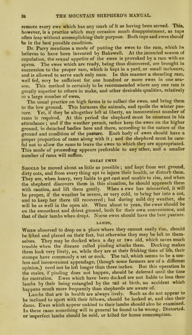 remove every ewe which has any mark of it as having been served. This, however, is a practice which may occasion much disappointment, as tups often leap without accomplishing their purpose. Both tups and ewes should/ be in the best possible condition. Dr. Parry mentions a mode of putting the ewes to the ram, which he believes to have been invented by Bakewell. At the intended season of copulation, the sexual appetite of the ewes is provoked by a ram with an apron. The ewes which are ready, being thus discovered, are brought in succession to the proper ram, which is kept in a yard, or small inclosure, and is allowed to serve each only once. In this manner a shearling ram, well fed, mgy be sufficient for one hundred or more ewes in one sea- son. This method is certainly to be recommended where any one ram is greatly superior to others in make, and other desirable qualities, relatively to a large number of ewes. The usual practice on high farms is to collect the ewes, and bring them to the low ground. This harasses the animals, and spoils the winter pas- ture. Yet, if they be altogether left at liberty, an inconvenient number of rams is required. At this period the shepherd must be constant in his attendance ; and if the weather permit, rather keep the ewes on the higher ground, in detached bodies here and there, according to the nature of the ground and condition of the pasture. Each body ot ewes should have a proper proportion of rams along with it; and the shepherd must be care- ful not to allow the rams to leave the ewes to which they are appropriated. This mode of proceeding appears preferable to any other, and a smaller number of rams will suffice. GREAT EWES Should be moved about as little as possible ; and kept from wet ground, dirty cots, and from every thing apt to injure their health, or disturb them. They are, when heavy, very liable to get cast and unable to rise, and w'hen the shepherd discovers them in this situation, he should approach them with caution, and lift them gently. When a ewe has miscarried, it will be proper, if the weather be severe, or very cold, to bring her into a cot, and to keep her there till recovered ; but during mild dry weather, she will be as well in the open air. When about to yean, the ewes should be on the smoothest and driest ground, both for their own convenience, and that of their lambs when dropt. Nurse ewes should have the best pasture. LAMBS, When observed to drop on a place where they cannot easily rise, should be lifted and placed on their feet, but otherwise they may be left to them- selves. They may be docked when a day or two old, which saves much trouble when the disease called pinding attacks them. Docking makes them look very lively, as, while they are at their frisking time of life, their stumps have commonly a set or cock. The tail, which seems to be a use- less and inconvenient appendage, (though some farmers are of a different opinion,) need not be left longer than three inches. But this operation in the males, if pinding does not happen, should be deferred until the time for castration. Ewes which have been docked are not liable to lose their lambs by their being entangled by the tail at birth, an accident which happens much more frequently than shepherds are aware of. Lambs that are in health are always lively. Such as do not appear to be inclined to sport with their fellows, should be looked at, and also their dams. Ewes which appear unkind to their lambs should also be examined. In these cases something will in general be found to be wrong. Distorted, or imperfect lambs should be sold, or killed for home consumjition.