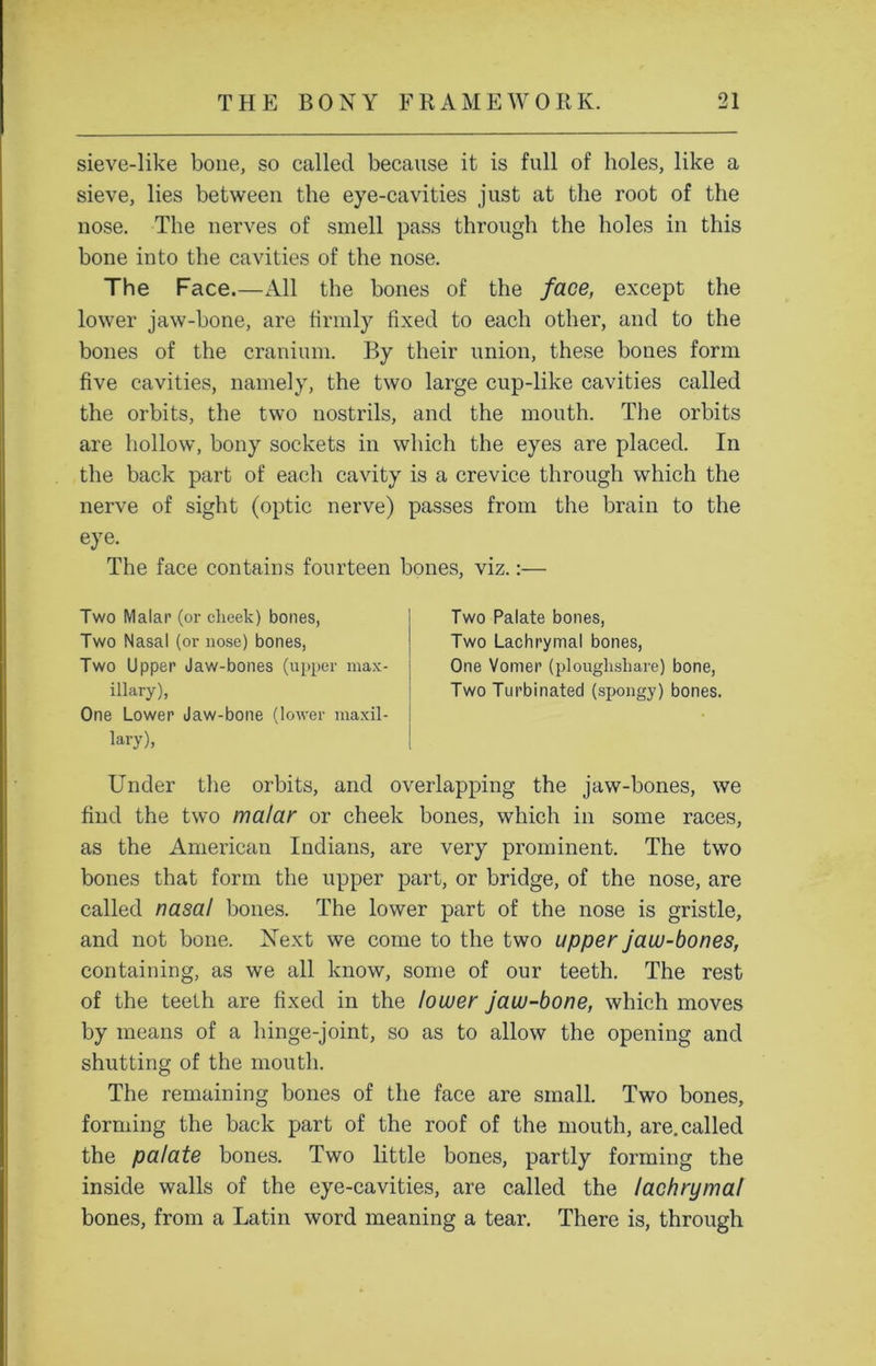 sieve-like bone, so called because it is full of holes, like a sieve, lies between the eye-cavities just at the root of the nose. The nerves of smell pass through the holes in this bone into the cavities of the nose. The Face.—All the bones of the face, except the lower jaw-bone, are firmly fixed to each other, and to the bones of the cranium. By their union, these bones form five cavities, namely, the two large cup-like cavities called the orbits, the two nostrils, and the mouth. The orbits are hollow, bony sockets in which the eyes are placed. In the back part of each cavity is a crevice through which the nerve of sight (optic nerve) passes from the brain to the eye. The face contains fourteen bones, viz.:— Two Malar (or cheek) bones, Two Nasal (or nose) bones, Two Upper Jaw-bones (upper max- illary), One Lower Jaw-bone (lower maxil- lary), Two Palate bones, Two Lachrymal bones, One Vomer (ploughshare) bone, Two Turbinated (spongy) bones. Under the orbits, and overlapping the jaw-bones, we find the two malar or cheek bones, which in some races, as the American Indians, are very prominent. The two bones that form the upper part, or bridge, of the nose, are called nasal bones. The lower part of the nose is gristle, and not bone. Next we come to the two upper jaw-bones, containing, as we all know, some of our teeth. The rest of the teeth are fixed in the lower jaw-bone, which moves by means of a hinge-joint, so as to allow the opening and shutting of the mouth. The remaining bones of the face are small. Two bones, forming the back part of the roof of the mouth, are. called the palate bones. Two little bones, partly forming the inside walls of the eye-cavities, are called the lachrymal bones, from a Latin word meaning a tear. There is, through