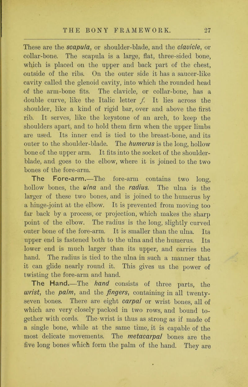 These are the scapula, or shoulder-blade, and the clauicle, or collar-bone. The scapula is a large, flat, three-sided bone, which is placed on the upper and back part of the chest, outside of the ribs. On the outer side it has a saucer-like cavity called the glenoid cavity, into which the rounded head of the arm-bone fits. The clavicle, or collar-bone, has a double curve, like the Italic letter f. It lies across the shoulder, like a kind of rigid bar, over and above the first rib. It serves, like the keystone of an arch, to keep the shoulders apart, and to hold them firm when the upper limbs are used. Its inner end is tied to the breast-bone, and its outer to the shoulder-blade. The humerus is the long, hollow bone of the upper arm. It fits into the socket of the shoulder- blade, and goes to the elbow, where it is joined to the two bones of the fore-arm. The Fore-arm.—The fore-arm contains two Ions-, hollow bones, the ulna and the radius. The ulna is the larger of these two bones, and is joined to the humerus by a hinge-joint at the elbow. It is prevented from moving too far back by a process, or projection, which makes the sharp point of the elbow. The radius is the long, slightly curved outer bone of the fore-arm. It is smaller than the ulna. Its upper end is fastened both to the ulna and the humerus. Its lower end is much larger than its upper, and carries the hand. The radius is tied to the ulna in such a manner that it can glide nearly round it. This gives us the power of twisting the fore-arm and hand. The Hand.—The hand consists of three parts, the wrist, the palm, and the fingers, containing in all twenty- seven bones. There are eight carpal or wrist bones, all of which are very closely packed in two rows, and bound to- gether with cords. The wrist is thus as strong as if made of a single bone, while at the same time, it is capable of the most delicate movements. The metacarpal bones are the five long bones which form the palm of the hand. They are