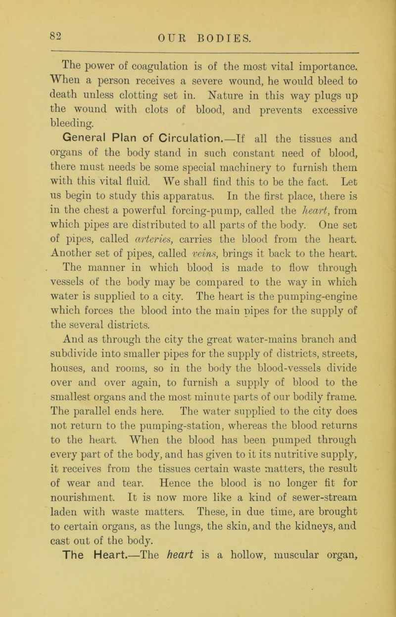 The power of coagulation is of the most vital importance. When a person receives a severe wound, he would bleed to death unless clotting set in. Nature in this way plugs up the wound with clots of blood, and prevents excessive bleeding. General Plan of Circulation.—If all the tissues and organs of the body stand in such constant need of blood, there must needs be some special machinery to furnish them with this vital fluid. We shall And this to be the fact. Let us begin to study this apparatus, In the first place, there is in the chest a powerful forcing-pump, called the heart, from which pipes are distributed to all parts of the body. One set of pipes, called arteries, carries the blood from the heart. Another set of pipes, called veins, brings it back to the heart. The manner in which blood is made to flow through vessels of the body may be compared to the way in which water is supplied to a city. The heart is the pumping-engine which forces the blood into the main pipes for the supply of the several districts. And as through the city the great water-mains branch and subdivide into smaller pipes for the supply of districts, streets, houses, and rooms, so in the body the blood-vessels divide over and over again, to furnish a supply of blood to the smallest organs and the most minute parts of our bodily frame. The parallel ends here. The water supplied to the city does not return to the pumping-station, whereas the blood returns to the heart. When the blood has been pumped through every part of the body, and has given to it its nutritive supply, it receives from the tissues certain waste matters, the result of wear and tear. Hence the blood is no longer fit for nourishment. It is now more like a kind of sewer-stream laden with waste matters. These, in due time, are brought to certain organs, as the lungs, the skin, and the kidneys, and cast out of the body. The Heart.—The heart is a hollow, muscular organ.