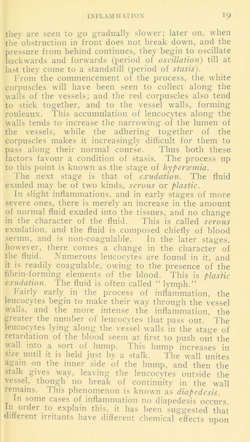 they are seen to go gradually slower; later on, when the obstruction in front does not break down, and the pressure from behind continues, they begin to oscillate backwards and forwards (period of oscillation) till at last they come to a standstill (period of stasis). From the commencement of the process, the white corpuscles will have been seen to collect along the walls of the vessels; and the red corpuscles also tend to stick together, and to the vessel walls, forming rouleaux. This accumulation of leucocytes along the walls tends to increase the narrowing of the lumen of the vessels, while the adhering together of the corpuscles makes it increasingly difficult for them to pass along their normal course. Thus both these factors favour a condition of stasis. The process up to this point is known as the stage of hypersemia. The next stage is that of exudation. The fluid exuded may be of two kinds, serous or plastic. In slight inflammations, and in early stages of more severe ones, there is merely an increase in the amount of normal fluid exuded into the tissues, and no change in the character of the fluid. This is called serous exudation, and the fluid is composed chiefly of blood serum, and is non-coagulable. In the later stages, however, there comes a change in the character of the fluid. Numerous leucocytes are found in it, and it is readily coagulable, owing to the presence of the fibrin-forming elements of the blood. This is plastic exudation. The fluid is often called “ lymph.” Fairly early in the process of inflammation, the leucocytes begin to make their way through the vessel walls, and the more intense the inflammation, the greater the number of leucocytes that pass out. The leucocytes lying along the vessel walls in the stage of retardation of the blood seem at first to push out the wall into a sort of hump. This hump increases in size until it is held just by a stalk. 1 he wall unites again on the inner side of the hump, and then the stalk gives way, leaving the leucocytes outside the vessel, though no break of continuity in the wall remains. 1 his phenomenon is known as diapedesis. In some cases of inflammation no diapedesis occurs. ■j.1.1 °’der to explain this, it has been suggested that different irritants have different chemical 'effects upon