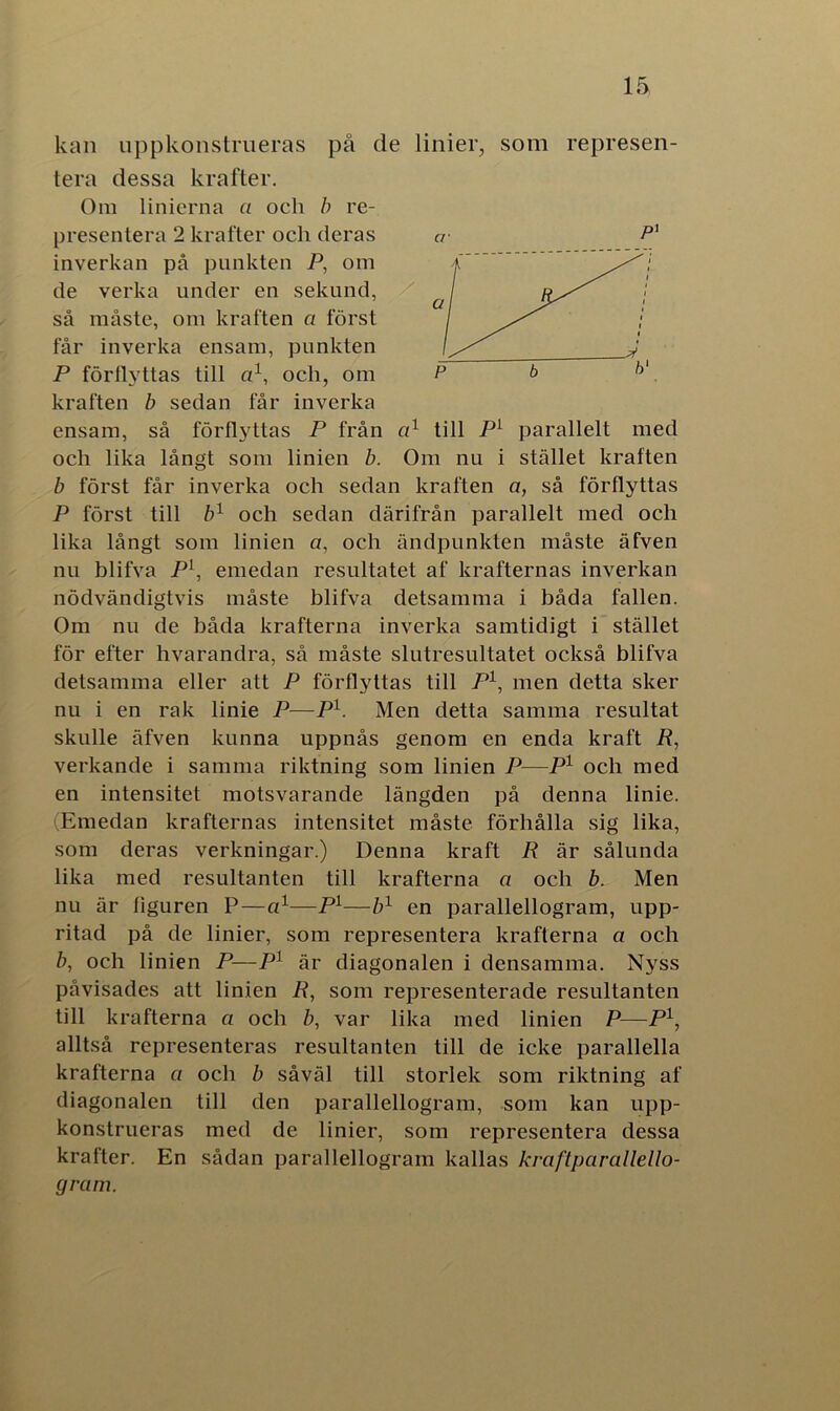 kan uppkonstrueras på de linier, som represen- tera dessa krafter. Om linierna a och b re- presentera 2 krafter och deras inverkan på punkten P, om de verka under en sekund, så måste, om kraften a först får inverka ensam, punkten P förllvttas till a1, och, om kraften b sedan får inverka ensam, så förflyttas P från a1 till P1 parallelt med och lika långt som linien b. Om nu i stället kraften b först får inverka och sedan kraften a, så förflyttas P först till b1 och sedan därifrån parallelt med och lika långt som linien a, och ändpunkten måste äfven nu blifva Pl, emedan resultatet af krafternas inverkan nödvändigtvis måste blifva detsamma i båda fallen. Om nu de båda krafterna inverka samtidigt i stället för efter hvarandra, så måste slutresultatet också blifva detsamma eller att P förflyttas till P1, men detta sker nu i en rak linie P—P1. Men detta samma resultat skulle äfven kunna uppnås genom en enda kraft R, verkande i samma riktning som linien P—P1 och med en intensitet motsvarande längden på denna linie. (Emedan krafternas intensitet måste förhålla sig lika, som deras verkningar.) Denna kraft R är sålunda lika med resultanten till krafterna a och b. Men nu är figuren P—a1—P1—b1 en parallellogram, upp- ritad på de linier, som representera krafterna a och b, och linien P—P1 är diagonalen i densamma. Nyss påvisades att linien R, som representerade resultanten till krafterna a och b, var lika med linien P—P1, alltså representeras resultanten till de icke parallella krafterna a och b såväl till storlek som riktning af diagonalen till den parallellogram, som kan upp- konstrueras med de linier, som representera dessa krafter. En sådan parallellogram kallas kraftparallello- gram.