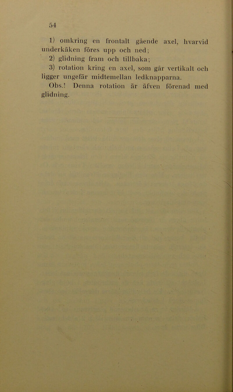 1) omkring en frontalt gående axel, hvarvid underkäken föres upp och ned; 2) glidning fram och tillbaka; 3) rotation kring en axel, som går vertikalt och ligger ungefär midtemellan ledknapparna. Obs.! Denna rotation är äfven förenad med glidning.