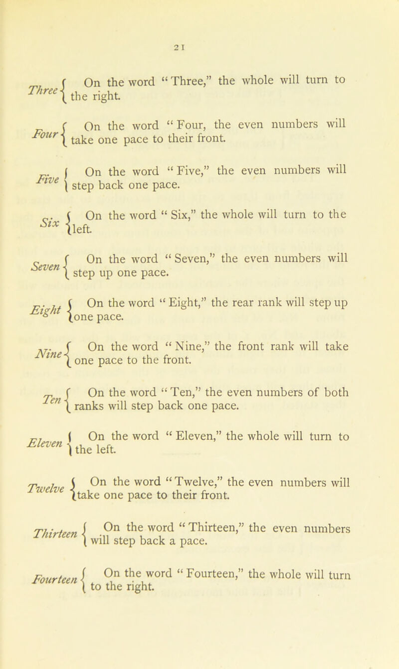 Three Four On the word “ Three,” the whole will turn to the right. On the word “ Four, the even numbers will take one pace to their front. | On the word “ Five,” *ive \ step back one pace. the even numbers will Six Seven ( On the word “ Six,” the whole will turn to the (left. f On the word “ Seven,” the even numbers will \ step up one pace. . . t On the word “ Eight,” the rear rank will step up ^1 (one pace. Nine { On the word “Nine,” the front rank will take one pace to the front. „ f On the word “Ten,” the even numbers of both en \ ranks will step back one pace. Eleven ( On the word \ the left. “ Eleven,” the whole will turn to jS 0° word “Twelve,” the even numbers will we ve (take one pace to their front. Thirteen Fourteen On the word “ Thirteen,” the will step back a pace. On the word “ Fourteen,” the to the right. even numbers whole will turn