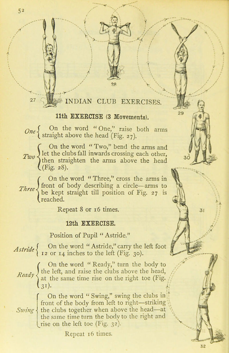 -k-T- W INDIAN CLUB EXERCISES. 11th EXERCISE (3 Movements). One On the word “ One,” raise both arms straight above the head (Fig. 27). r On the word “ Two,” bend the arms and Two < ^et c^u^s inwards crossing each other, )then straighten the arms above the head ((Fig. 28). ( On the word “ Three,” cross the arms in Three < ^r0nt ^ody describing a circle—arms to \ be kept straight till position of Fig. 27 is ( reached. Repeat 8 or 16 times. 12th EXERCISE. Position of Pupil “ Astride.” a . . 7 / On the word “ Astride,” carry the left foot e\ 12 or 14 inches to the left (Fig. 30). Ready Swing On the word “ Ready,” turn the body to the left, and raise the clubs above the head, /> 1 at the same time rise on the right toe (Fig. : V31)- a 'a On the word “ Swing,” swing the clubs in front of the body from left to right—striking V; the clubs together when above the head—at the same time turn the body to the right and ^rise on the left toe (Fig. 32). Repeat 16 times. 32