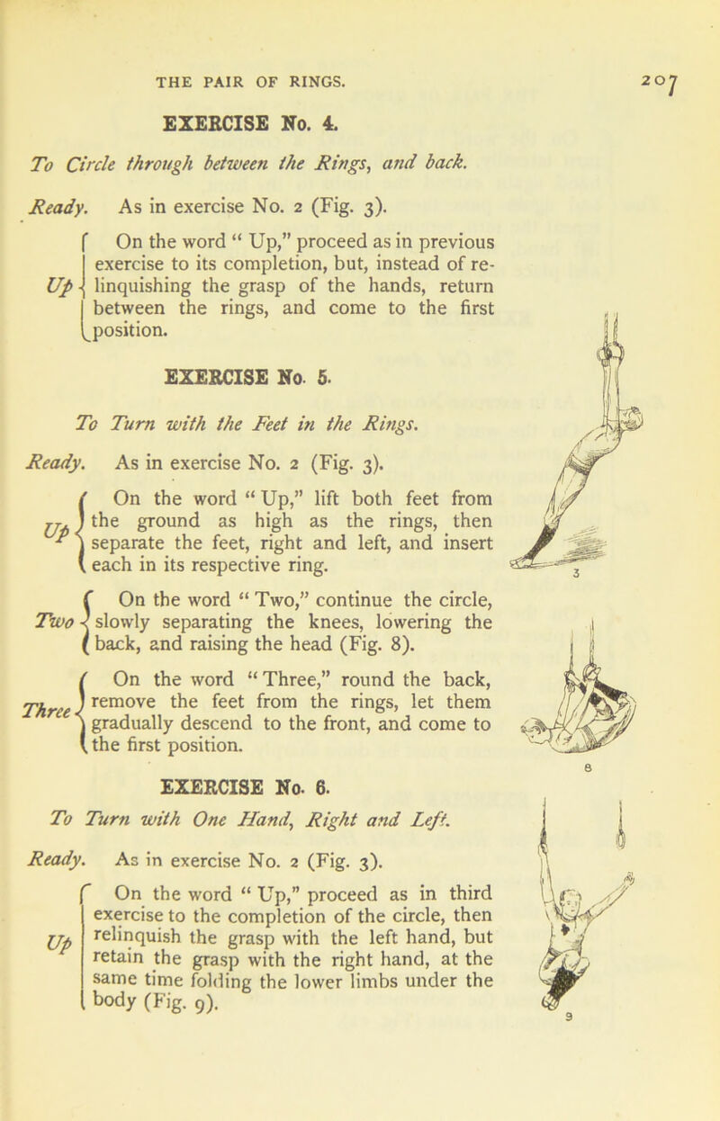 20 J EXERCISE No. 4. To Circle through between the Tings, and back. Ready. As in exercise No. 2 (Fig. 3). Up On the word “ Up,” proceed as in previous exercise to its completion, but, instead of re- linquishing the grasp of the hands, return between ^position. the rings, and come to the first EXERCISE No. 5. To Turn with the Feet in the Rings. Ready. As in exercise No. 2 (Fig. 3). {On the word “ Up,” lift both feet from the ground as high as the rings, then separate the feet, right and left, and insert each in its respective ring. ?0n the word “ Two,” continue the circle, slowly separating the knees, lowering the back, and raising the head (Fig. 8). ( On the word “ Three,” round the back, Three ]remove tbe feet fr°m the rings, let them j gradually descend to the front, and come to (. the first position. EXERCISE No. 6. To Turn with One Hand, Right and Left. Ready. As in exercise No. 2 (Fig. 3). Up On the word “ Up,” proceed as in third exercise to the completion of the circle, then relinquish the grasp with the left hand, but retain the grasp with the right hand, at the same time folding the lower limbs under the , body (Fig. 9). 9