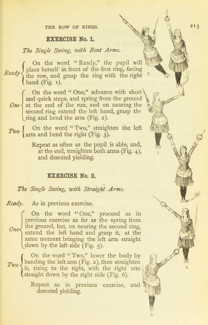 EXERCISE No. 2* 'A» The Single Swing, with Straight Arms. Ready One- The Single Swing, with Bent Arms. On the word “ Ready,” the pupil will place herself in front of the first ring, facing the row, and grasp the ring with the right 2 V hand (Fig. i). On the word “ One,” advance with short and quick steps, and spring from the ground at the end of the run, and on nearing the second ring extend the left hand, grasp the jing and bend the arm (Fig. 2). Ready. As in previous exercise. One< v. On the word “ One,” proceed as in previous exercise as far as the spring from the ground, but, on nearing the second ring, extend the left hand and grasp it, at the same moment bringing the left arm straight down by the left side (Fig. 5). t On the word “ Two,” lower the body by Two< bending tbe ^ arm (Fig- 2), then straighten \ it, rising to the right, with the right arm ( straight down by the right side (Fig. 6). Repeat as in previous exercise, and descend yielding. THE ROW OF RINGS. EXERCISE No. 1, On the word “ Two,” straighten the left arm and bend the right (Fig. 3). Repeat as often as the pupil is able, and, at the end, straighten both arms (Fig. 4), and descend yielding.