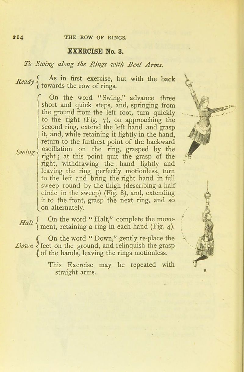 EXERCISE No. 3. To Swing along the Rings with Bent Arms. Ready Swing Hall Down As in first exercise, but with the back towards the row of rings. On the word “Swing,” advance three short and quick steps, and, springing from the ground from the left foot, turn quickly to the right (Fig. 7), on approaching the second ring, extend the left hand and grasp it, and, while retaining it lightly in the hand, return to the furthest point of the backward oscillation on the ring, grasped by the right; at this point quit the grasp of the right, withdrawing the hand lightly and leaving the ring perfectly motionless, turn to the left and bring the right hand in full sweep round by the thigh (describing a half circle in the sweep) (Fig. 8), and, extending it to the front, grasp the next ring, and so on alternately. On the word “ Halt,” complete the move- ment, retaining a ring in each hand (Fig. 4). ' On the word “ Down,” gently re-place the feet on the ground, and relinquish the grasp ; of the hands, leaving the rings motionless. This Exercise may be repeated with straight arms.