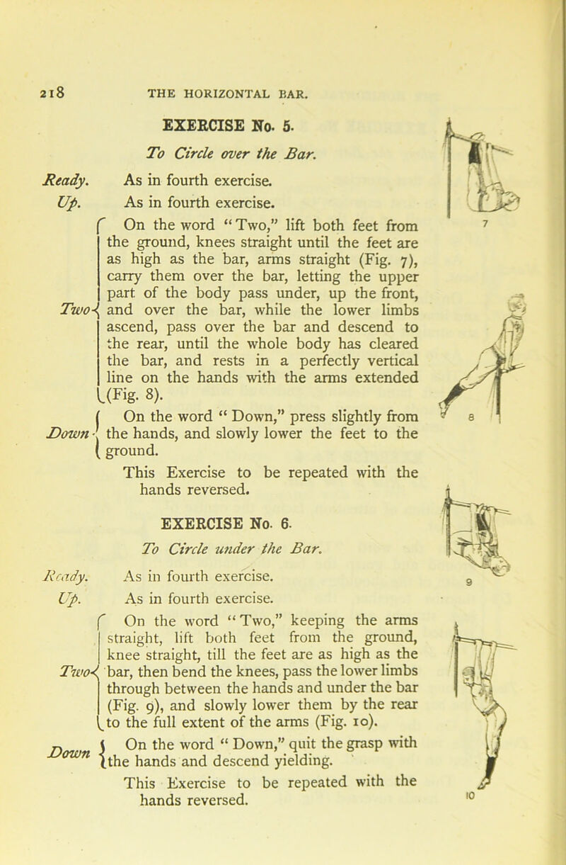 EXERCISE No- 5. To Circle over the Bar. Ready. As in fourth exercise. Up. As in fourth exercise. On the word “ Two,” lift both feet from the ground, knees straight until the feet are as high as the bar, arms straight (Fig. 7), carry them over the bar, letting the upper part of the body pass under, up the front, Two-\ and over the bar, while the lower limbs ascend, pass over the bar and descend to the rear, until the whole body has cleared the bar, and rests in a perfectly vertical line on the hands with the arms extended UFig. 8). I On the word “ Down,” press slightly from Dowti •' the hands, and slowly lower the feet to the ( ground. This Exercise to be repeated with the hands reversed. EXERCISE No. 6- To Circle under the Bar. Ready. As in fourth exercise. Up. As in fourth exercise. r On the word “Two,” keeping the arms straight, lift both feet from the ground, knee straight, till the feet are as high as the Twobar, then bend the knees, pass the lower limbs through between the hands and under the bar (Fig. 9), and slowly lower them by the rear to the full extent of the arms (Fig. 10). j-. t On the word “ Down,” quit the grasp with 07011 (the hands and descend yielding. This Exercise to be repeated with the hands reversed.