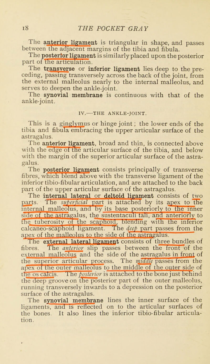 The anterior ligament is triangular in shape, and passes between the adjacent margins of the tibia and fibula. The posterior ligament is similarly placed upon the posterior part of the articulation. The transverse or inferior ligament lies deep to the pre- ceding, passing transversely across the back of the joint, from the external malleolus nearly to the internal malleolus, and serves to deepen the ankle-joint. The synovial membrane is continuous with that of the ankle-joint. IV. THE ANKLE-JOINT. This is a ginglymus or hinge joint; the lower ends of the tibia and fibula embracing the upper articular surface of the astragalus. The anterior ligament, broad and thin, is connected above with the edge ot the articular surface of the tibia, and below with the margin of the superior articular surface of the astra- galus. The posterior ligament consists principally of transverse fibres, which blend above with the transverse ligament of the inferior tibio-fibular articulation, and are attached to the back part of the upper articular surface of the astragalus. The internal lateral or deltoid ligament consists of two parts. The superficial part is attached by its apex to TFe internal malleolus, and by its base posteriorly to tne inner sideii2i_^l£_a^tragalus, the sustentaculi tali, and anteriorly to fhe tuberosity oHhe scaphoid blending with the inferior calcaneo-scaptiold ligament. The cjeej) part passes from the apex of the malleolus to the side of the astragalus. The external lateral ligament consists of three bundles of fibres. The anterior slip passes between the tront of the external malleolus and the side of the astragalus in front of the superior articular process. The middle passes irom the apex oi fhe outer malleolus to the middle of the outer side of trie os calcis. The boslcrior is attacked to the bone just behind the deep groove on tTie posterior part of the outer malleolus, running transversely inwards to a depression on the posterior surface of the astragalus. The synovial membrane lines the inner surface of the ligaments, and is reflected on to the articular surfaces of the bones. It also lines the inferior tibio-fibular articula- tion.