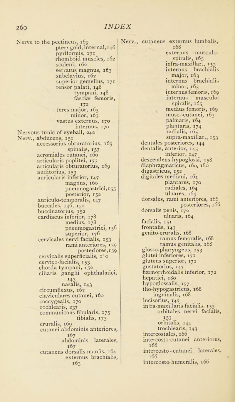 Nerve to the pectineus, 169 pter\ goid, internal, 146 pyritormis, 171 rhomboid muscles, 162 scaleni, 162 serratus magnus, 163 subclavius, 162 superior gemellus, 171 tensor palati, 148 tympani, 148 fasciae femoris, 172 teres major, 163 minor, 163 vastus externus, 170 internus, 170 Nervous tunic of eyeball, 242 Nerv., abducens, 151 accessorius obturatorius, 169 spinalis, 157 acromiales cutanei, 160 articularis poplitei, 173 articularis obturatorius, 169 auditorius, 153 auricularis inferior, 147 magnus, 160 pneumogastrici,i55 posterior, 152 auriculo-temporalis, 147 buccales, 146, 152 buccinatorius, 152 cardiacus inferior, 178 medius, 178 pneumogastrici, 156 superior, 176 cervicales nervi facialis, 153 rami anteriores, 159 posteriores,i59 cervicalis superficialis, i‘o cervico-facialis, 153 chorda tympani, 152 ciliaris ganglii ophthalmici, M3. nasalis, 143 circumflexus, 162 claviculares cutanei, 160 coccygealis, 170 cochlearis, 237 communicans fibularis, 175 tibialis, 173 cruralis, 169 cutanei abdominis anteriores, 167 abdominis laterales, 167 cutaneus dorsalis mantis, 164 externus brachialis, 163 Nerv., cutaneus externus lumbalis, 168 externus musculo- spiralis, 165 infra-maxillar., 153 internus brachialis major, 163 internus brachialis minor, 163 internus femoris, 169 internus musculo- spiralis, 165 medius femoris, 169 muse.-cutanei, 163 palmaris, 164 plantaris, 174 radialis, 165 supra-maxillar., 153 dentales posteriores, 144 dentalis, anterior, 145 inferior, 147 descendens hypoglossi, 158 diaphragmaticus, 160, 180 digastricus, 152 digitales mediani, 164 plantares, 170 radiales, 164 ulnares, 164 dorsales, rami anteriores, 166 posteriores, 166 dorsalis penis, 172 ulnaris, 164 facialis, 151 frontalis, 143 genito-cruralis, 168 ramus femoralis, 168 ramus genitalis, 168 glosso-pharyngeus, 153 glutei inferiores, 171 gluteus superior, 171 gustatorius, 147 haemorrhoidalis inferior, 172 hepatici, 180 hypoglossalis, 157 ilio-hypogastricus, 168 inguinalis, 168 incisorius, 147 infra-maxillaris facialis, 153 orbitales nervi facialis, M3 orbitalis, 144 trochlearis, 143 intercostales, 166 intercosto-cutanei anteriores, 166 intercosto - cutanei laterales, 166 intercosto-humeralis, 166