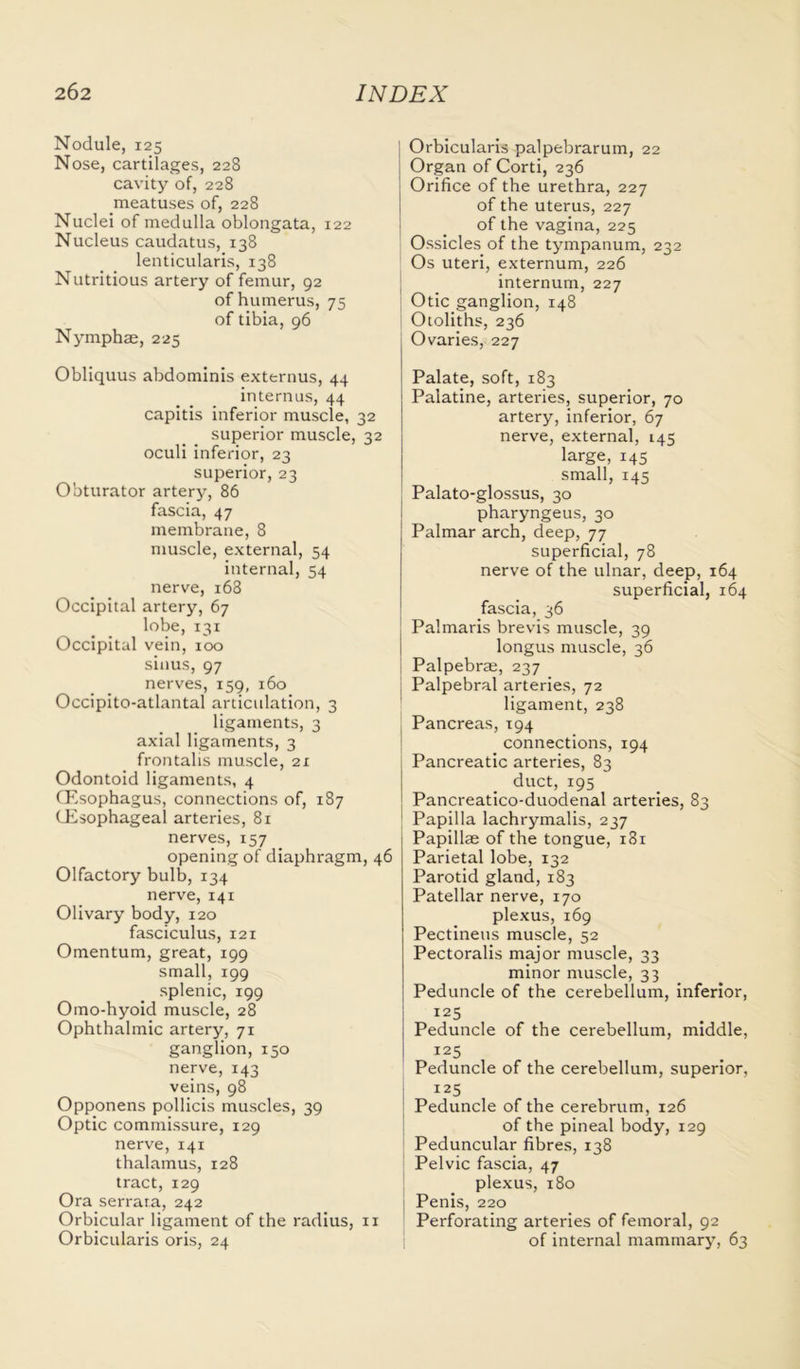 Nodule, 125 Nose, cartilages, 228 cavity of, 228 meatuses of, 228 Nuclei of medulla oblongata, 122 Nucleus caudatus, 138 lenticularis, 138 Nutritious artery of femur, 92 of humerus, 75 of tibia, 96 Nymphae, 225 Obliquus abdominis externus, 44 internus, 44 capitis inferior muscle, 32 superior muscle, 32 oculi inferior, 23 superior, 23 Obturator artery, 86 fascia, 47 membrane, 8 muscle, external, 54 internal, 54 nerve, 168 Occipital artery, 67 lobe, 131 Occipital vein, 100 sinus, 97 nerves, 159, 160 Occipito-atlantal articulation, 3 ligaments, 3 axial ligaments, 3 frontalis muscle, 21 Odontoid ligaments, 4 Oesophagus, connections of, 187 Oisophageal arteries, 81 nerves, 157 opening of diaphragm, 46 Olfactory bulb, 134 nerve, 141 Olivary body, 120 fasciculus, 121 Omentum, great, 199 small, 199 splenic, 199 Omo-hyoid muscle, 28 Ophthalmic artery, 71 ganglion, 150 nerve, 143 veins, 98 Opponens pollicis muscles, 39 Optic commissure, 129 nerve, 141 thalamus, 128 tract, 129 Ora serrata, 242 Orbicular ligament of the radius, 11 Orbicularis oris, 24 Orbicularis palpebrarum, 22 Organ of Corti, 236 Orifice of the urethra, 227 of the uterus, 227 of the vagina, 225 \ Ossicles of the tympanum, 232 Os uteri, externum, 226 internum, 227 Otic ganglion, 148 I Otoliths, 236 Ovaries, 227 Palate, soft, 183 Palatine, arteries, superior, 70 artery, inferior, 67 nerve, external, 145 large,145 small, 145 Palato-glossus, 30 pharyngeus, 30 Palmar arch, deep, 77 superficial, 78 nerve of the ulnar, deep, 164 superficial, 164 fascia, 36 ; Palmaris brevis muscle, 39 longus muscle, 36 Palpebrae, 237 Palpebral arteries, 72 ligament, 238 j Pancreas, 194 connections, 194 Pancreatic arteries, 83 duct, 195 Pancreatico-duodenal arteries, 83 Papilla lachrymalis, 237 Papillae of the tongue, i3i Parietal lobe, 132 Parotid gland, 183 Patellar nerve, 170 plexus, 169 Pectineus muscle, 52 Pectoralis major muscle, 33 minor muscle, 33 Peduncle of the cerebellum, inferior, I25 Peduncle of the cerebellum, middle, I25 Peduncle of the cerebellum, superior, 125 Peduncle of the cerebrum, 126 of the pineal body, 129 Peduncular fibres, 138 | Pelvic fascia, 47 plexus, 180 Penis, 220 Perforating arteries of femoral, 92 of internal mammary, 63