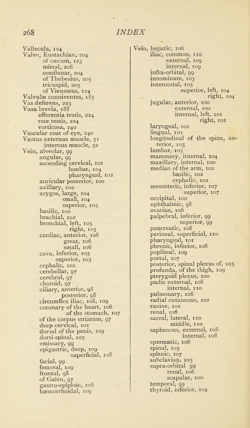 Vallecula, 124 Valve, Eustachian, 204 of caecum, 125 mitral, 206 semilunar, 204 of Thebesius, 205 tricuspid, 205 ofVieussens, 124 Valvulae conniventes, 185 Vas deferens, 223 Vasabrevia, 188 efferentia testis, 224 rete testis, 224 vorticosa, 240 Vascular coat of eye, 240 Vastus externus muscle, 51 internus muscle, 52 Vein, alveolar, 99 angular, 99 ascending cervical, 101 lumbar, 104 pharyngeal, 102 auricular posterior, 100 axillary, 102 azygos, large, 104 small, 104 superior, 105 basilic, 102 brachial, 102 bronchial, left, 105 right, 105 cardiac, anterior, 106 great, 106 small, 106 cava, inferior, 105 superior, 103 cephalic, 102 cerebellar, 97 cerebral, 97 choroid, 97 ciliary, anterior, 98 posterior, 98 circumflex iliac, 108, 109 coronary of the heart, 106 of the stomach, 107 of the corpus striatum, 97 deep cervical, 101 dorsal of the penis, 109 dorsi-spinal, 105 emissary, 99 epigastric, deep, 109 superficial, 108 facial, 99 femoral, 109 frontal, 98 of Galen, 97 gastro-epiploic, 108 haemorrhoidal, 109 Vein, hepatic, 106 iliac, common, no external, 109 internal, 109 infra-orbital, 99 innominate, 103 intercostal, 105 superior, left, 104 right, 104 jugular, anterior, 100 external, 100 internal, left, 101 right, 101 laryngeal, roi lingual, 101 longitudinal of the spine, an terior, 103 lumbar, 105 mammary, internal, 104 maxillary, internal, 100 median of the arm, 102 basilic, 102 cephalic, 102 mesenteric, inferior, 107 superior, 107 occipital, 100 ophthalmic, 98 ovarian, 106 palpebral, inferior, 99 superior, 99 pancreatic, 108 perineal, superficial, no pharyngeal, 101 phrenic, inferior, 106 popliteal, 109 portal, 107 posterior, spinal plexus of, 105 profunda, of the thigh, 109 pterygoid plexus, 100 pudic external, 108 internal, no pulmonary, 106 radial cutaneous, 102 ranine, 101 renal, 106 sacral, lateral, no middle, no saphenous, external, 108 internal, 108 spermatic, 106 spinal, 105 splenic, 107 subclavian, 103 supra-orbital 99 renal, 106 scapular, 100 temporal, 99 thyroid, inferior, 104