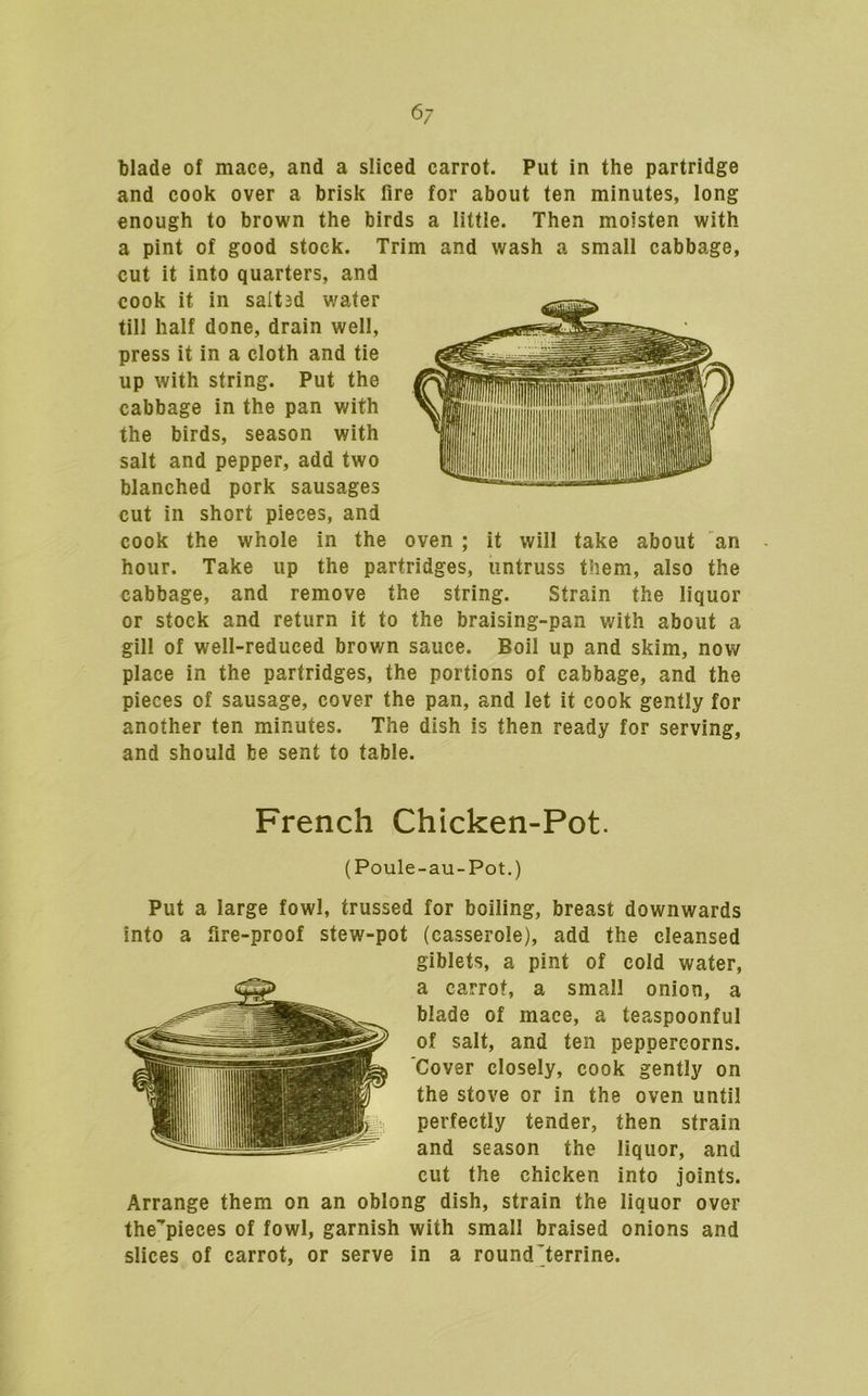 6/ blade of mace, and a sliced carrot. Put in the partridge and cook over a brisk fire for about ten minutes, long enough to brown the birds a little. Then moisten with a pint of good stock. Trim and wash a small cabbage, cut it into quarters, and cook it in salt3d water till half done, drain well, press it in a cloth and tie up with string. Put the cabbage in the pan with the birds, season with salt and pepper, add two blanched pork sausages cut in short pieces, and cook the whole in the oven ; it will take about an hour. Take up the partridges, untruss them, also the cabbage, and remove the string. Strain the liquor or stock and return it to the braising-pan with about a gill of well-reduced brown sauce. Boil up and skim, now place in the partridges, the portions of cabbage, and the pieces of sausage, cover the pan, and let it cook gently for another ten minutes. The dish is then ready for serving, and should be sent to table. French Chicken-Pot. (Poule-au-Pot.) Put a large fowl, trussed for boiling, breast downwards into a fire-proof stew-pot (casserole), add the cleansed giblets, a pint of cold water, a carrot, a small onion, a blade of mace, a teaspoonful of salt, and ten peppercorns. Cover closely, cook gently on the stove or in the oven until perfectly tender, then strain and season the liquor, and cut the chicken into joints. Arrange them on an oblong dish, strain the liquor over the'^pieces of fowl, garnish with small braised onions and slices of carrot, or serve in a round’terrine.