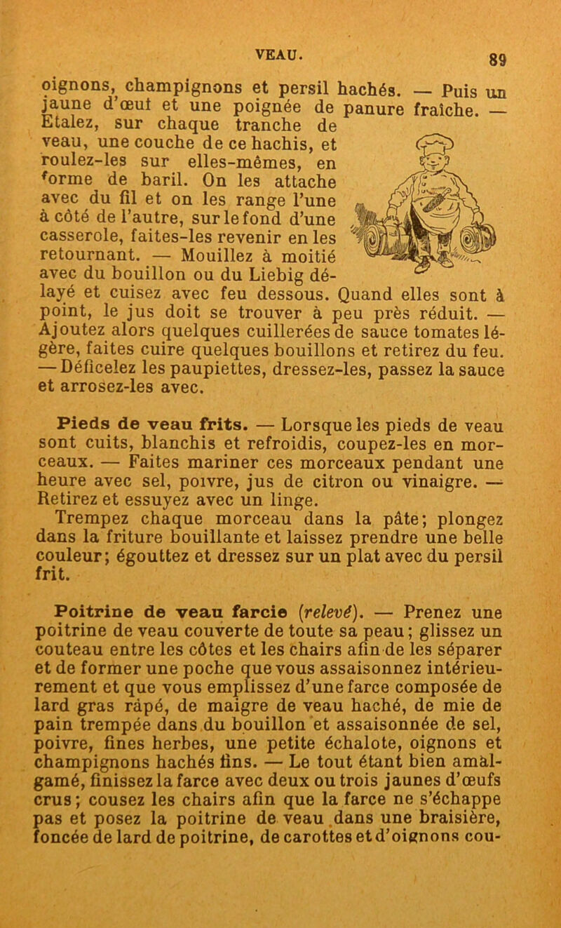 oignons,, champignons et persil hachés. — Puis un jaune d’œui et une poignée de panure fraîche. — Etalez, sur chaque tranche de veau, une couche de ce hachis, et roulez-les sur elles-mêmes, en forme de baril. On les attache avec du fil et on les range l’une à côté de l’autre, sur le fond d’une casserole, faites-les revenir en les retournant. — Mouillez à moitié avec du bouillon ou du Liebig dé- layé et cuisez avec feu dessous. Quand elles sont à point, le jus doit se trouver à peu près réduit. — Ajoutez alors quelques cuillerées de sauce tomates lé- gère, faites cuire quelques bouillons et retirez du feu. — Déficelez les paupiettes, dressez-les, passez la sauce et arrosez-les avec. Pieds de veau frits. — Lorsque les pieds de veau sont cuits, blanchis et refroidis, coupez-les en mor- ceaux. — Faites mariner ces morceaux pendant une heure avec sel, poivre, jus de citron ou vinaigre. — Retirez et essuyez avec un linge. Trempez chaque morceau dans la pâte; plongez dans la friture bouillante et laissez prendre une belle couleur; égouttez et dressez sur un plat avec du persil frit. Poitrine de veau farcie [relevé). — Prenez une poitrine de veau couverte de toute sa peau ; glissez un couteau entre les côtes et les chairs afin de les séparer et de former une poche que vous assaisonnez intérieu- rement et que vous emplissez d’une farce composée de lard gras râpé, de maigre de veau haché, de mie de pain trempée dans du bouillon et assaisonnée de sel, poivre, fines herbes, une petite échalote, oignons et champignons hachés fins. — Le tout étant bien amal- gamé, finissez la farce avec deux ou trois jaunes d’œufs crus ; cousez les chairs afin que la farce ne s’échappe pas et posez la poitrine de veau dans une braisière, foncée de lard de poitrine, de carottes et d’oignons cou-