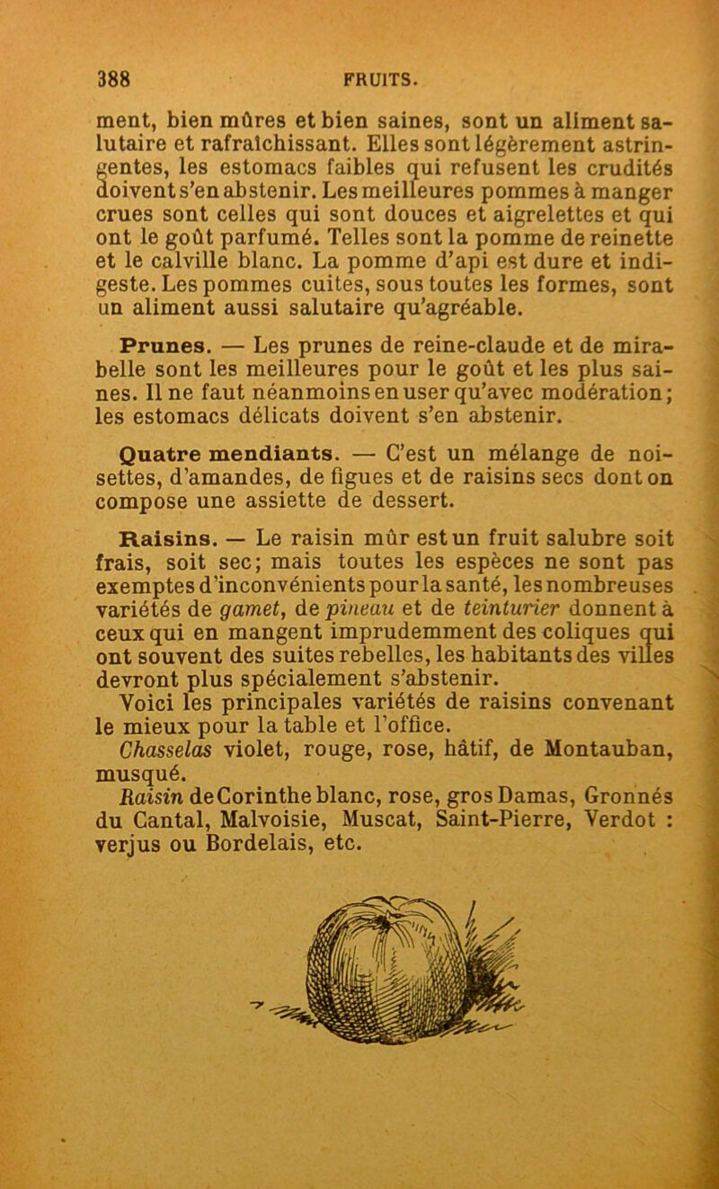 ment, bien mûres et bien saines, sont un aliment sa- lutaire et rafraîchissant. Elles sont légèrement astrin- gentes, les estomacs faibles qui refusent les crudités doivent s’en abstenir. Les meilleures pommes à manger crues sont celles qui sont douces et aigrelettes et qui ont le goût parfumé. Telles sont la pomme de reinette et le calville blanc. La pomme d’api est dure et indi- geste. Les pommes cuites, sous toutes les formes, sont un aliment aussi salutaire qu’agréable. Prunes. — Les prunes de reine-claude et de mira- belle sont les meilleures pour le goût et les plus sai- nes. Ilne faut néanmoins en user qu’avec modération; les estomacs délicats doivent s’en abstenir. Quatre mendiants. —• C’est un mélange de noi- settes, d’amandes, de figues et de raisins secs dont on compose une assiette de dessert. Raisins. — Le raisin mûr est un fruit salubre soit frais, soit sec; mais toutes les espèces ne sont pas exemptes d’inconvénients pourla santé, les nombreuses . variétés de gamet, de pineau et de teinturier donnent à ceux qui en mangent imprudemment des coliques qui ont souvent des suites rebelles, les habitants des villes devront plus spécialement s’abstenir. Voici les principales variétés de raisins convenant le mieux pour la table et l’office. Chasselas violet, rouge, rose, hâtif, de Montauban, musqué. Raisin de Corinthe blanc, rose, gros Damas, Gronnés du Cantal, Malvoisie, Muscat, Saint-Pierre, Verdot : verjus ou Bordelais, etc.