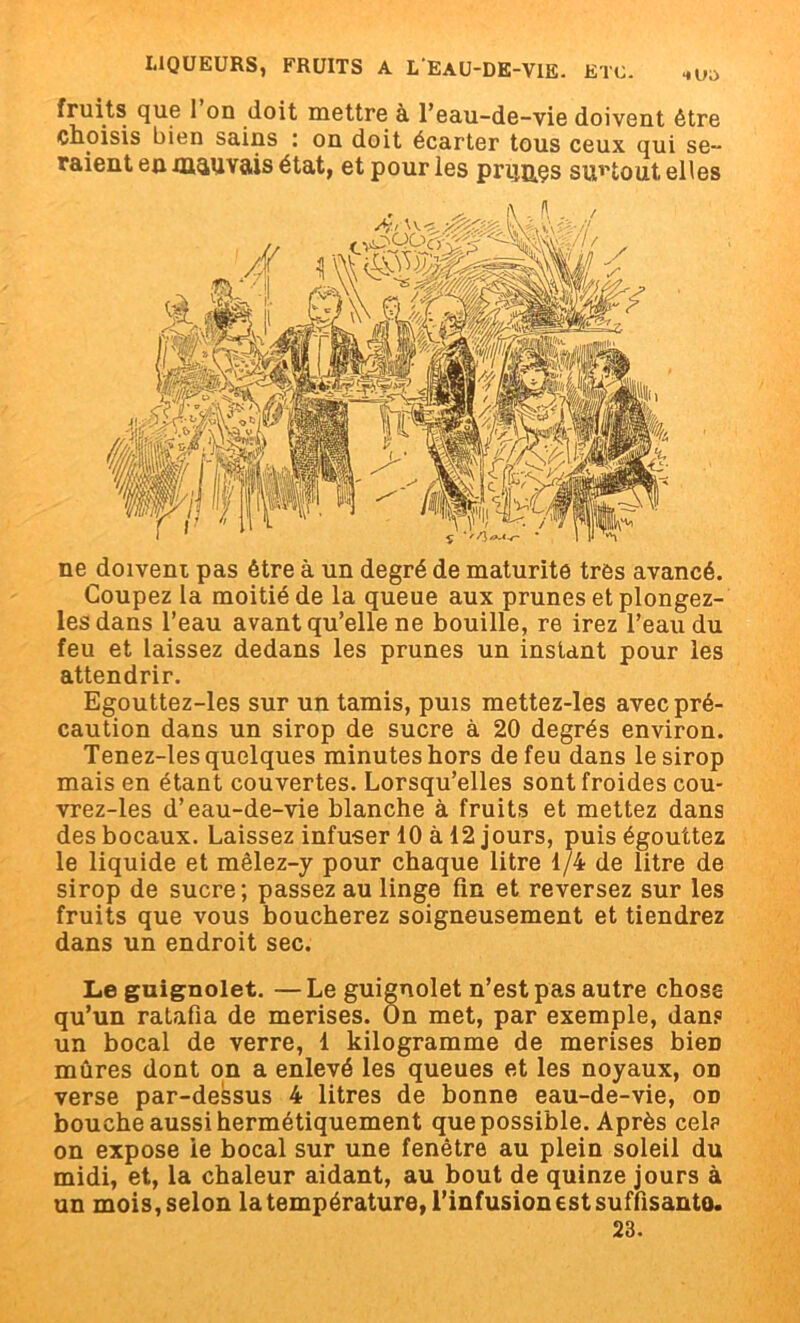 ■U>0 fruits que 1 on doit mettre à l’eau-de-vie doivent être choisis bien sains : on doit écarter tous ceux qui se- raient en mauvais état, et pour les prij&çs surtout elles ne doivent pas être à un degré de maturité très avancé. Coupez la moitié de la queue aux prunes et plongez- lesdans l’eau avant qu’elle ne bouille, re irez l’eau du feu et laissez dedans les prunes un instant pour les attendrir. Egouttez-les sur un tamis, puis mettez-les avec pré- caution dans un sirop de sucre à 20 degrés environ. Tenez-les quelques minutes hors de feu dans le sirop mais en étant couvertes. Lorsqu’elles sont froides cou- vrez-les d’eau-de-vie blanche à fruits et mettez dans des bocaux. Laissez infuser 10 à 12 jours, puis égouttez le liquide et mêlez-y pour chaque litre 1/4 de litre de sirop de sucre; passez au linge fin et reversez sur les fruits que vous boucherez soigneusement et tiendrez dans un endroit sec. Le guignolet. — Le guignolet n’est pas autre chose qu’un ratafia de merises. On met, par exemple, dans un bocal de verre, 1 kilogramme de merises bieD mûres dont on a enlevé les queues et les noyaux, on verse par-dessus 4 litres de bonne eau-de-vie, od bouche aussi hermétiquement que possible. Après cel? on expose le bocal sur une fenêtre au plein soleil du midi, et, la chaleur aidant, au bout de quinze jours à un mois, selon la température, l'infusion est suffisanto. 23.