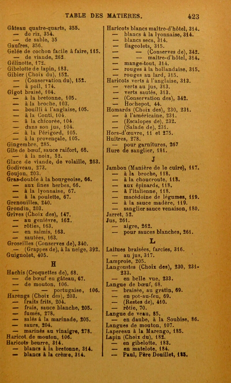 Gâteau quatre-quarts, 355. — de riz, 354. — de sable, 35 Gaufres, 356. Gelée de cochon facile à faire, 115. — de viande, 262, Gelinotte, 172. Gibelotte de lapin, 183. Gibier (Choix du), 152. — (Conservation du), 152. — à poil, 174. Gigot braisé, 104. — à la bretonne, 105. — à la broche, 103. — bouilli à l’anglaise, 105. — à la Conti, 104. — à la chicorée, 104, — dans son jus, 104. — à la Périgord, 105. — à la provençale, 105. Gingembre, 285. Gite de bœuf, sauce raifort, 66. — à la noix, 52. Glace de viande, de volaille, 263. Godiveau, 273. Goujon, 203. Gras-double à la bourgeoise., 66. — aux fines herbes, 66. —• à la lyonnaise, 67. — à la poulette, 67. Grenouilles, 240. Grondin, 203. Grives (Choix des), 147. — au genièvre, 162. — rôties, 163. — en salmis, 163. — sautées, 163. Groseilles (Conserves de), 340. — (Grappes de), à la neige, 392. Guignolet, 405. H Hachis (Croquettes de), 68. — de bœuf en gâteau, 67. — de mouton, 106. — — portugaise, 106. Harengs (Choix des), 203. — traits frits, 204. — frais, sauce blanche, 205. — fumés, 278. — salés à la marinade, 205. —- saurs, 204. — marinés au vinaigre, 278. Haricot de mouton, 106. Haricots beurre, 314. — blancs à la bretonne, 314. — blancs à la crème, 314. Haricots blancs maître-d’hôtel, 314. — blancs à la lyonnaise, 314. — blancs secs, 314. — flageolets, 315. — — (Conserves de), 342. — — maitre-d’hôtel, 314. —■ mange-tout, 314. — rouges à la hollandaise, 315. — rouges au lard, 315. Haricots verts à l’anglaise, 313. — verts au jus, 313. — verts sautés, 313. — (Conservation des), 342. — Hochepot, 44. Homards (Choix des), 230, 231. — à l’américaine, 231. — (Escalopes de), 232. — (Salade de), 231. Hors-d'œuvre, 11 et 275. Huîtres, 278. — pour garnitures, 267 Hure de sanglier, 181. J Jambon (Manière de le cuire), 117. — à la broche, 118. — à la choucroute, 118. — aux épinards, 118. — à l’italienne, 118. — macédoine de légumes, 119. — à la sauce madère, 119. — sanglier sauce venaison, 180. Jarret, 52. Jus, 261. — aigre, 262. — pour sauces blanches, 261. Ii Laitues braisées, farcies, 316. — au jus, 317. Lamproie, 205. Langoustes (Choix des), 230, 231- 233. — en belle vue, 233. Langue de bœuf, 68. — braisée, au gratin, 69. — en pot-au-feu, 69. — (Restes de), 410. — rôtie, 70. Langue de veau, 85. — en daube, à la Soubise, 86. Langues de mouton, 107. Lapereau à la Marengo, 185. Lapin (Choix du), 182. — en gibelotte, 183. — en matelote, 184. — Paul, Père Douillet, 118.